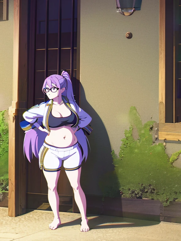 full body, standing, barefoot, thicc, uncovered belly belly, very big breasts, pregnant, long hair, sports bra, very thight shorts, glasses