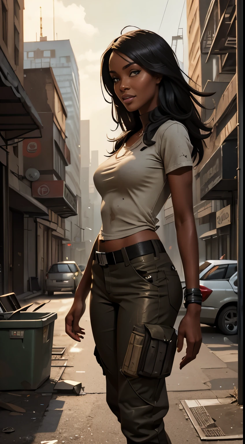 Foto hiperrealista en primer plano de Naomi Campbell, Wear dirty post Apocalyptic outfit (Jacket, T-shirt, tactical pants), Create dystopian masterpieces. Depict the cityscape in the gritty style of the game's concept art. post-apocalyptic world. Notice the intricacies of detail, the sharp focus.beautiful woman, skinny, medium breasts, black long hair, detailed face, smile, facing the camera, photo taken from a distance, age of 18 years old