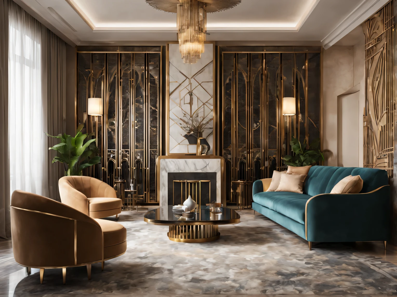 Large living room decorated in art deco style., metal partitions separate different areas of the living room, metal ventilation grilles in the walls elegantly combine with the decoration and decoration of the living room in the art deco style, the rigor and luxury of Art Deco style, Artistic photography, Maximum realism, high detail