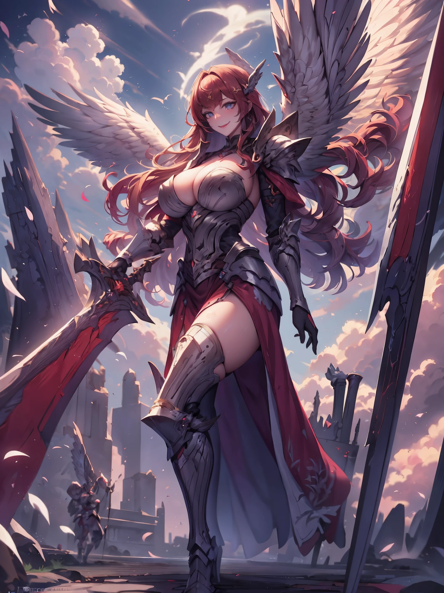 redhead girl, skin scars, viking, viking,Unusually strong RPG art style, fantasy art style、((masterpiece)), highest quality, absurd, Super detailed, 8K, blonde angel, Valkyrie, golden armor, cleavage, large white wings, curly hair, Long spear, smile, heaven, cloud