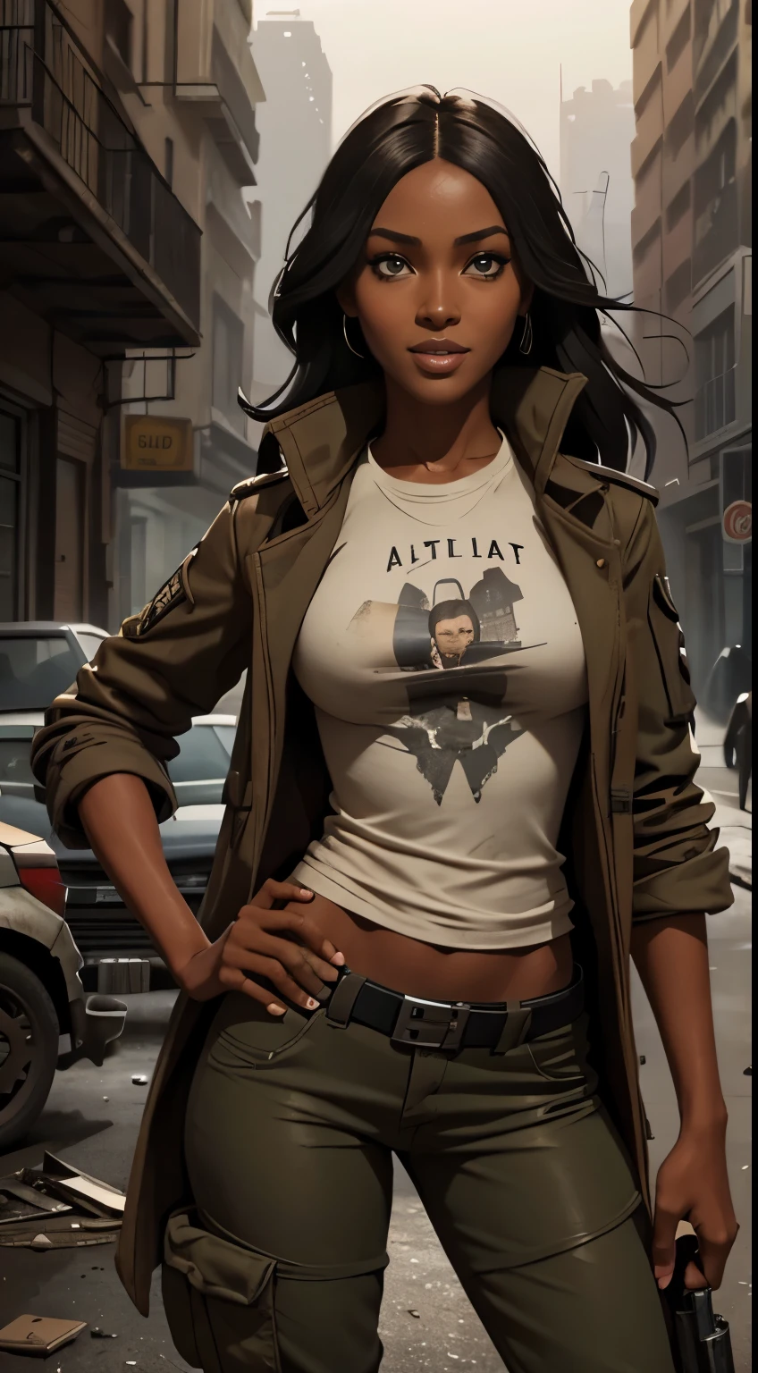 Foto hiperrealista en primer plano de Naomi Campbell, Wear dirty post Apocalyptic outfit (coat, T-shirt, tactical pants), Create dystopian masterpieces. Depict the cityscape in the gritty style of the game's concept art. post-apocalyptic world. Notice the intricacies of detail, the sharp focus.beautiful woman, skinny, medium breasts, black long hair, detailed face, smile, facing the camera, photo taken from a distance, age of 18 years old