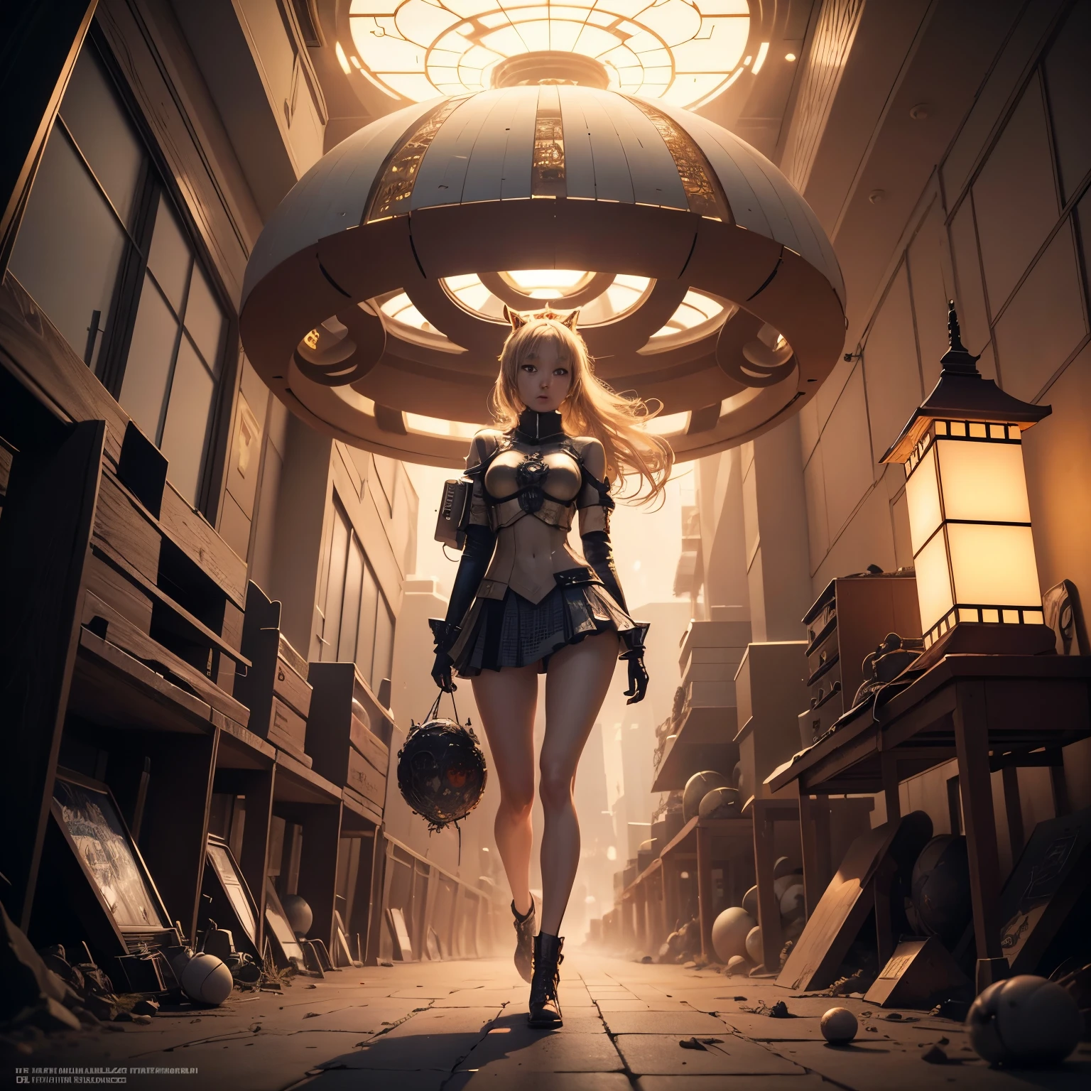 Yoshiyuki Takani, Karina Eibatova, Surreal, mysterious, bizarre, fantastical, fantasy, Sci-fi, Japanese anime, walking shell house, flaming cage, decomposing planet, blonde miniskirt beautiful girl Alice, perfect voluminous body, detailed masterpiece