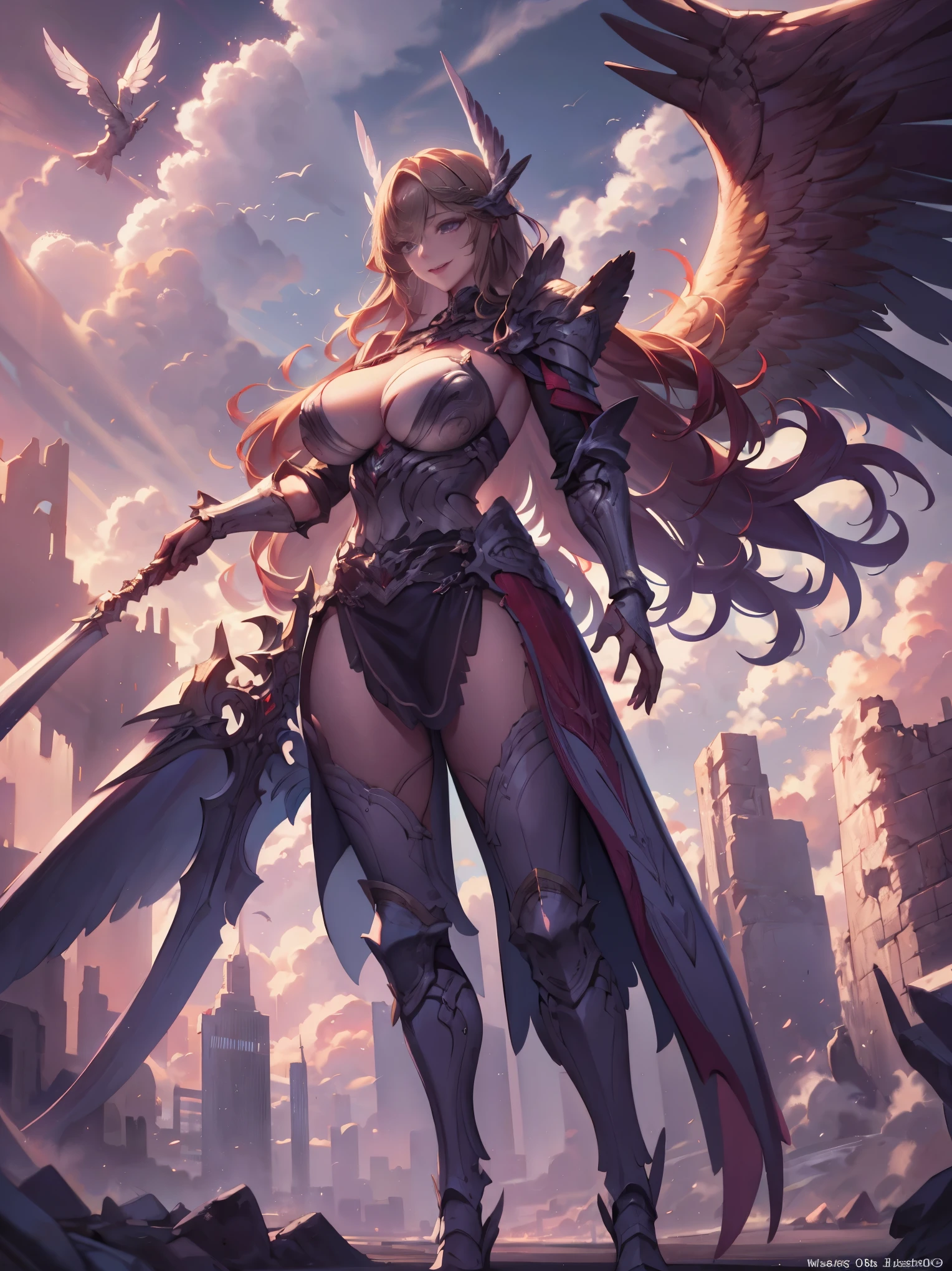 redhead girl, skin scars, viking, viking,Unusually strong RPG art style, fantasy art style、((masterpiece)), highest quality, absurd, Super detailed, 8K, blonde angel, Valkyrie, golden armor, cleavage, large white wings, curly hair, Long spear, smile, heaven, cloud