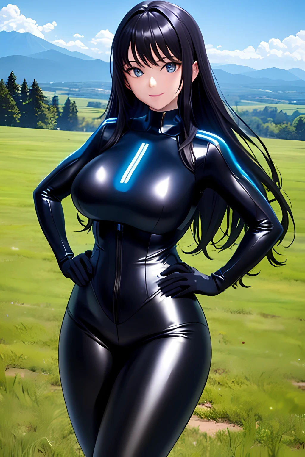 tronwear, black bodysuit, long hair, (mountain:1.2), grass, outdoors, large breasts, smile, looking at viewer, wide hips, hands on hips, 