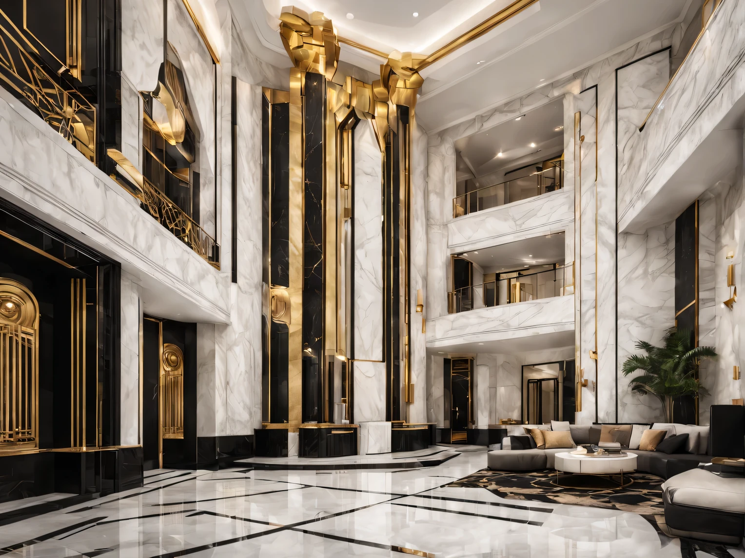 Spacious manor in Art Deco style., the architecture of the estate combines strict regularity and bold geometric lines, design in halftones, modern expensive materials combine marble with ebony and gilded elements, strictly consistent with Art Deco style., Artistic photography, RAW, high detail, Hyperrealism