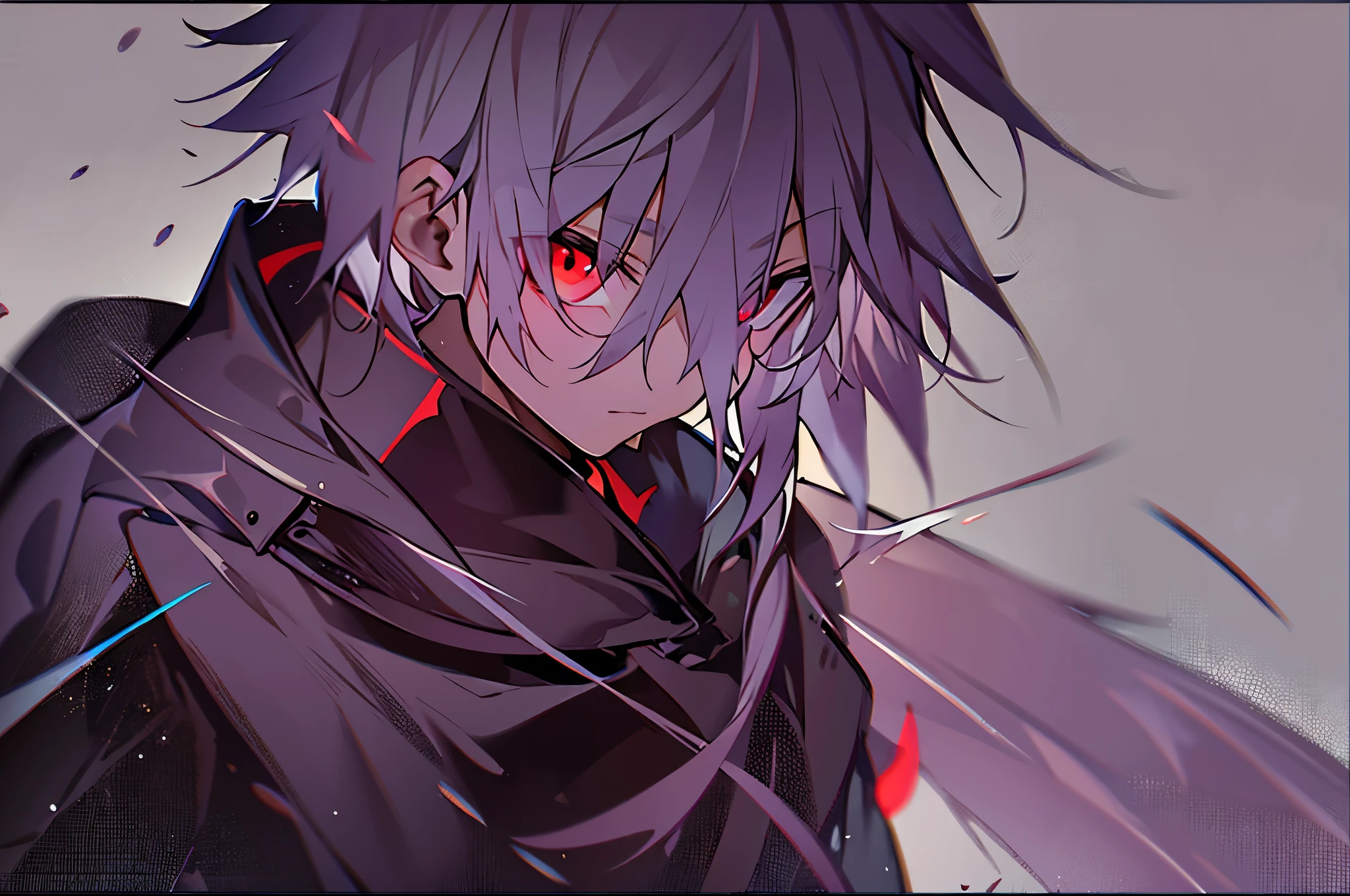 hight resolution,Anime boy with white hair and red eyes staring at camera, red eyes,slim, dressed in a black outfit,Shadow Body,Brown skin,monochromes,hair messy,Diagonal angle