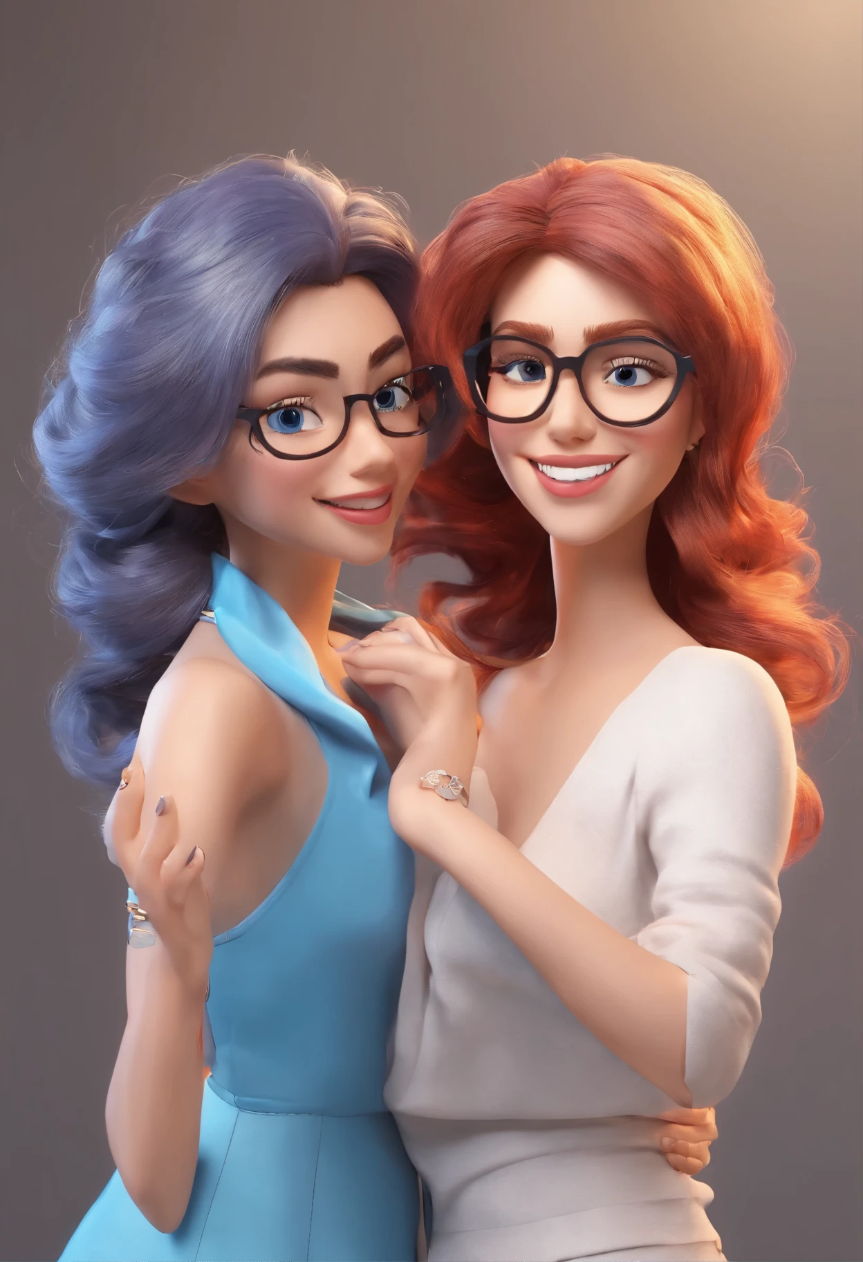 master part, best quality, Two young women, Embraced, With eye Glasses, olhos felizes, cabelos lisos longos, Olhando para o Viewer, corar, sorrir, negative space, (Bio-luminescence:1.2), darkeness, fundo escuro, vestir, bareshoulders, medium breasts, Dancing, Mangas compridas, sorrindo, agasalho azul, foto estilo Disney Pixar