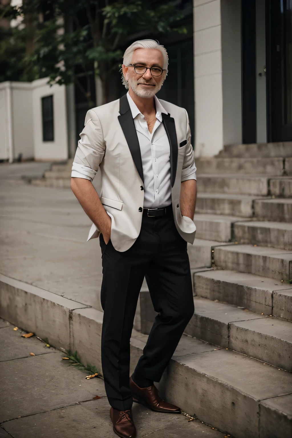 Caucasian old Father, white hair, wearing glasses, in a black suit, short sleeve blazer,  full body shot, smirk