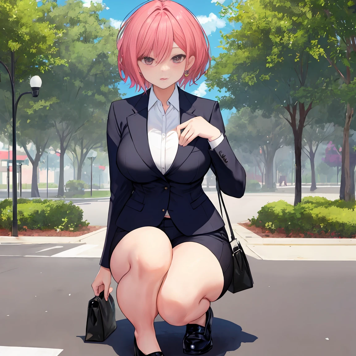 1 person, woman, at the park, short hair, slim, thighs, business suit, big breasts, ,perfect anatomy, shape, algorithm trends, squat , flom below,