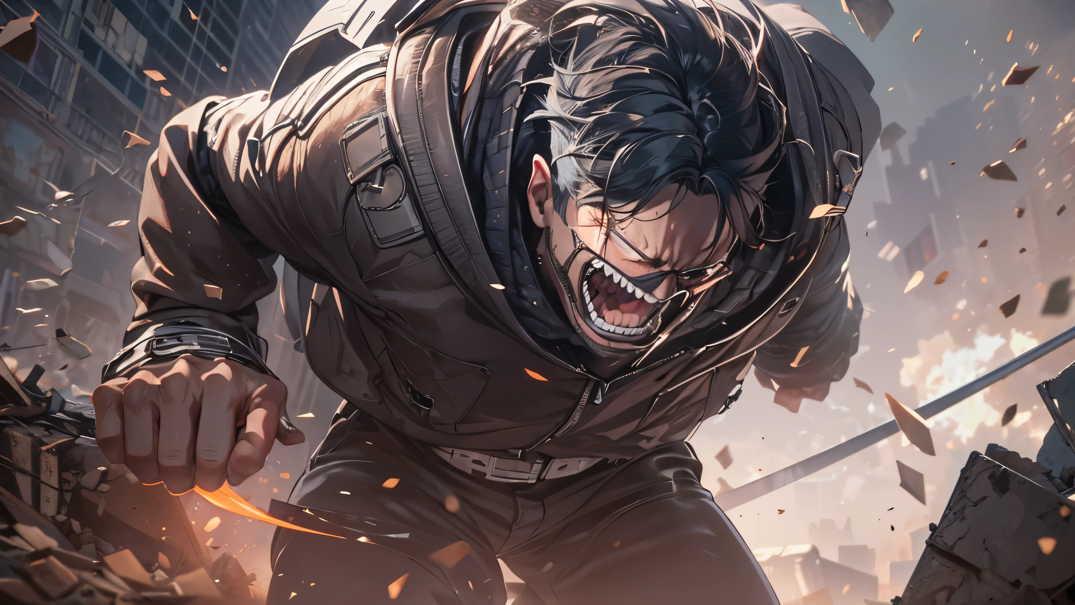 Capture the explosive moment as the incredibly hulk burst out of the rubble at the shock of a young, dark-skinned man wearing glasses, dressed in a crisp white windbreaker hoodie, who holds a katana while jumping on to the remains of a building turned to rubble by an explosion. This RAW masterpiece showcases an ultra-high resolution, photorealistic full-body portrait, illuminated by the warm glow of sunlight. The scene is rendered in the captivating style of mecha sci-fi anime, boasting an impressive 8K resolution for the best quality imagery. Crafted with Unreal Engine 1.4, this piece features ultra-realistic 64K CG, skin texture at 1.4, and volumetric fog to add depth and atmosphere. The details are further enhanced with 8K UHD, DSLR quality, film grain, and the artistic touch of lomography. The result is a stunning blend of high-quality visuals, translucent effects, and photorealism that truly captivates the viewer.