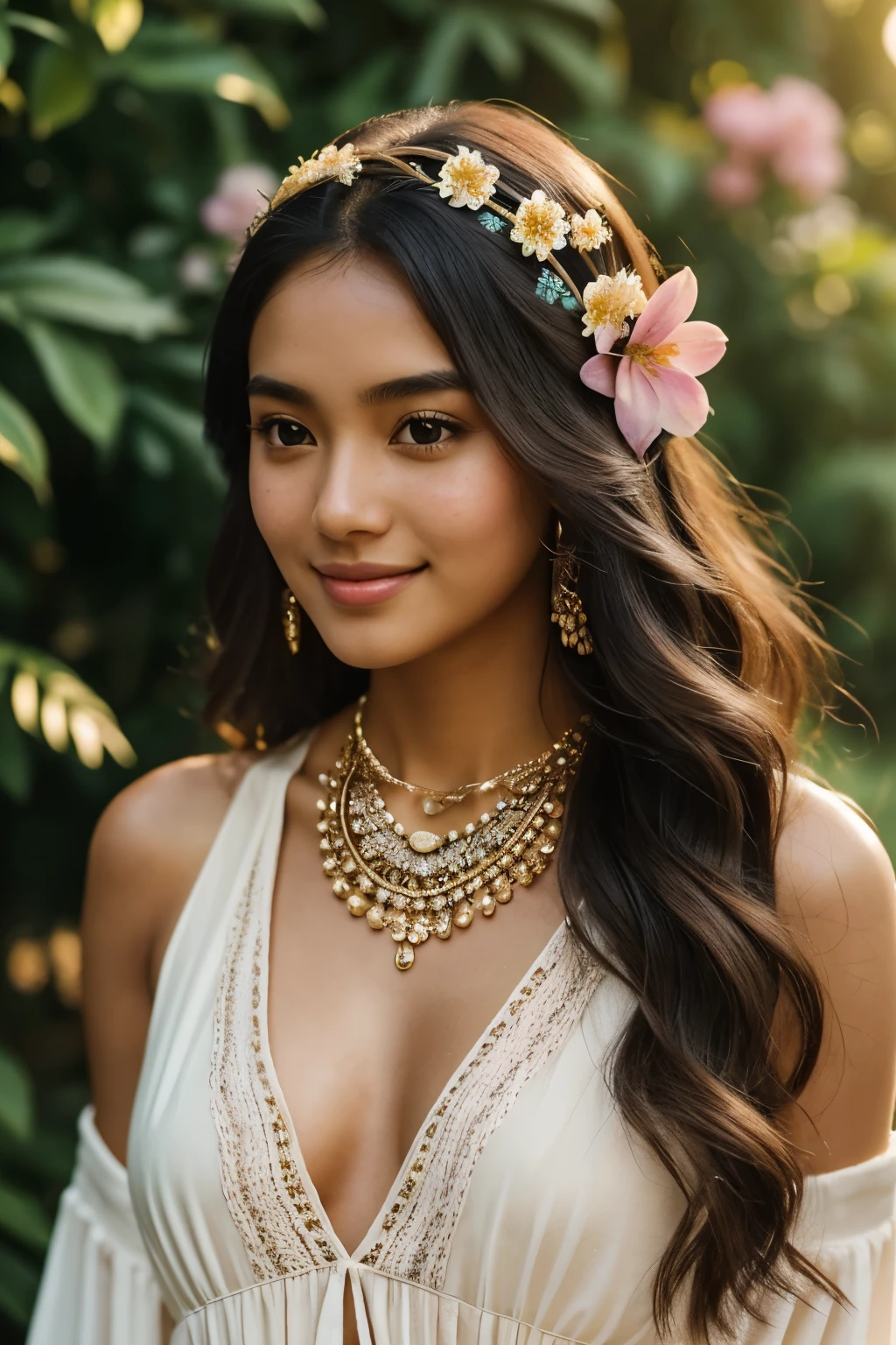 A beautiful South-east Asian woman, aged 20, with brown eyes and a brown complexion, exudes an irresistible charm. She wears bohemian style outfits that perfectly complement her figure, adorned with a delicate necklace. Her outfit, along with her outfits' texture and intricate details, is brought to life through the medium shot and the soft lighting of the product view.

Her long, black curly hair is artistically tucked under a stylish headband, and delicate flowers gracefully rest on her head. Her face is freckled, adding to her unique beauty. Well-groomed and radiant, her smile is warm and inviting. Her