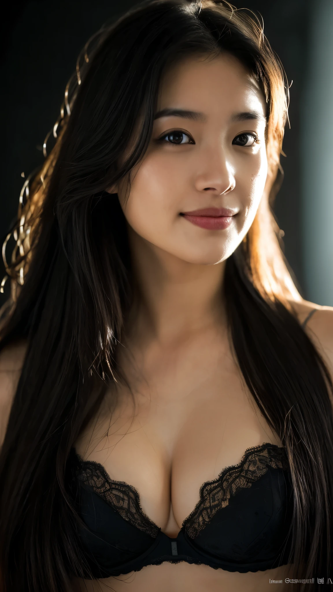highest quality, epic realistic, ((in the pitch black darkness :1.4)), ((portrait:1.5)),(background: dark ) high contrast ,glorious picture, lowest lux, lighting face, she's comfortable, wearing lingerie, looks incredible, (8k, Raw photo, Highest quality),(epic realistic:1.5), a woman, face,(detailed eyes:0.8),(looking at the camera:1.4), (Highest quality), ( high contrast, deep shadows),Intricate details,cinematic,((skin:1.4)), (long dark hair:1.3), long hair, messy ,(Hdr:1.5),Detailed, colors, Superior quality, Masterpiece, Raw Photo (20-year-old, looking at viewer), beautiful, (wearing underwear,), perfect, natural, perfect composition, portrait, perfect face, smiling expression, Captivating eyes, Bright details, Tight lips, (High Skin Detail),, (blue tint: 0.6), (sale: 0.8), (bloody: 0.7), Key lighting , (backlight: 0.5), Medium depth of field, Canon 5d, 50mm lens, f/4 apertures, (Ultra-detailed, Complex detail), sharp focus, soft colors, 8k, Absurd, 80mm, dark background, photography, smiling, medium ,