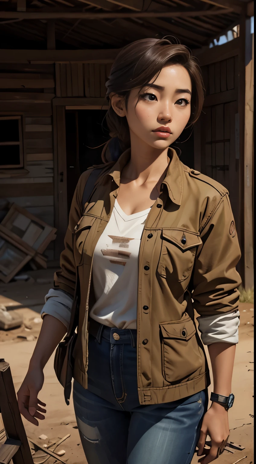Foto hiperrealista en primer plano de Kim Joo from Korea, masterpiece, best quality, (photorealistic:1.4), Create dystopian masterpieces. Depict a rural landscape in the rugged style of the game's concept art. This work should evoke a sense of abandonment and despair in a futuristic, post-apocalyptic world. Notice the intricacies of detail, the sharp focus.