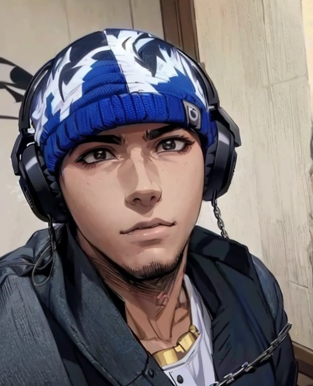 anime guy with headphones and blue cap with a chain around his neck, garoto ?????, estilo de arte de anime, acionar estilo de arte de anime, in an estilo anime, ig studios estilo anime, in estilo anime, 2 d estilo anime, estilo de realismo de anime, estilo de arte anime realista, estilo anime 3 d realista, estilo anime. 8k, naruto estilo