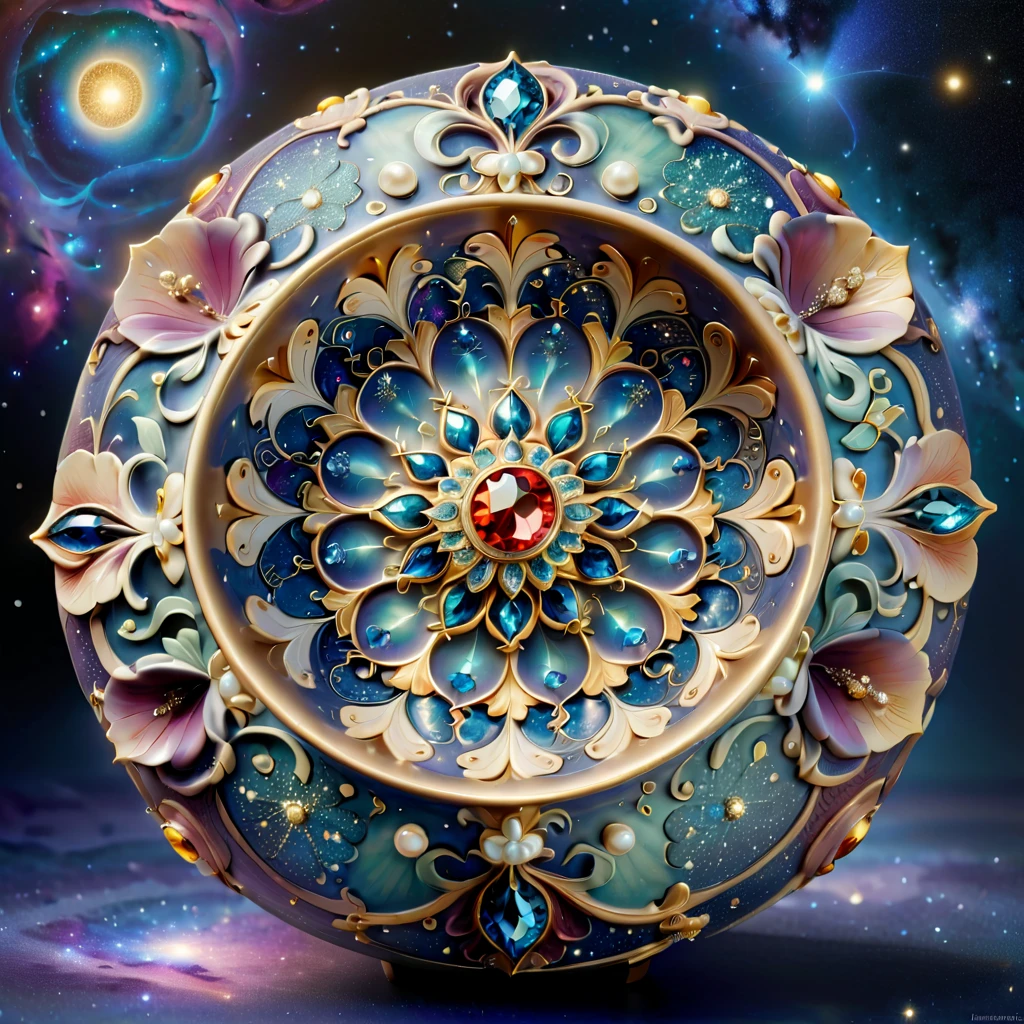 Create an image of an ornate ceramic vessel that embodies the utmost beauty of the decorative arts style. The vessel should have an elegant and smooth shape, reminiscent of a blooming flower. Its surface should be adorned with intricate patterns and textures based on bold colors and contrasts, comprising complex geometric shapes and organic curves. These patterns should include mysterious symbols and emblems, suggesting ancient and profound meanings, depicted with a metallic texture as if made from stars and gems of the galaxy, radiating enchanting light. The surface of the vessel is also embellished with tiny, exquisite jewel-like decorations made of gems, glass, and pearls, scattered like stars across the night sky. At the center of the vessel, there should be a large, sparkling crystal, surrounded by delicate and beautiful floral and plant patterns, symbolizing wisdom, magic, and purity. This ceramic vessel is a fusion of intricate patterns, magnificent colors, and luxurious decorations, creating a myste