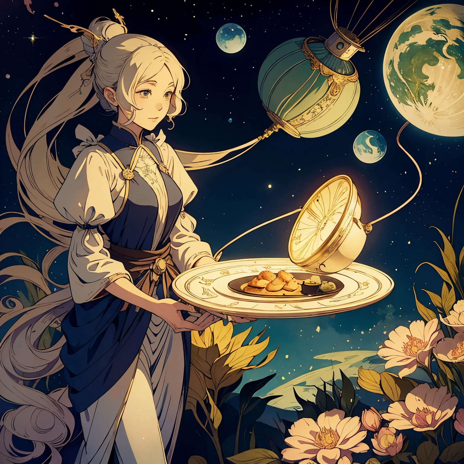 Virginia Frances Sterrett, Yuu Watase, Surreal, mysterious, strange, fantastical, fantasy, Sci-fi, Japanese anime, toaster, kettle, frying pan, kitchen wonderland, beautiful girl cooking, perfect body, detailed masterpiece