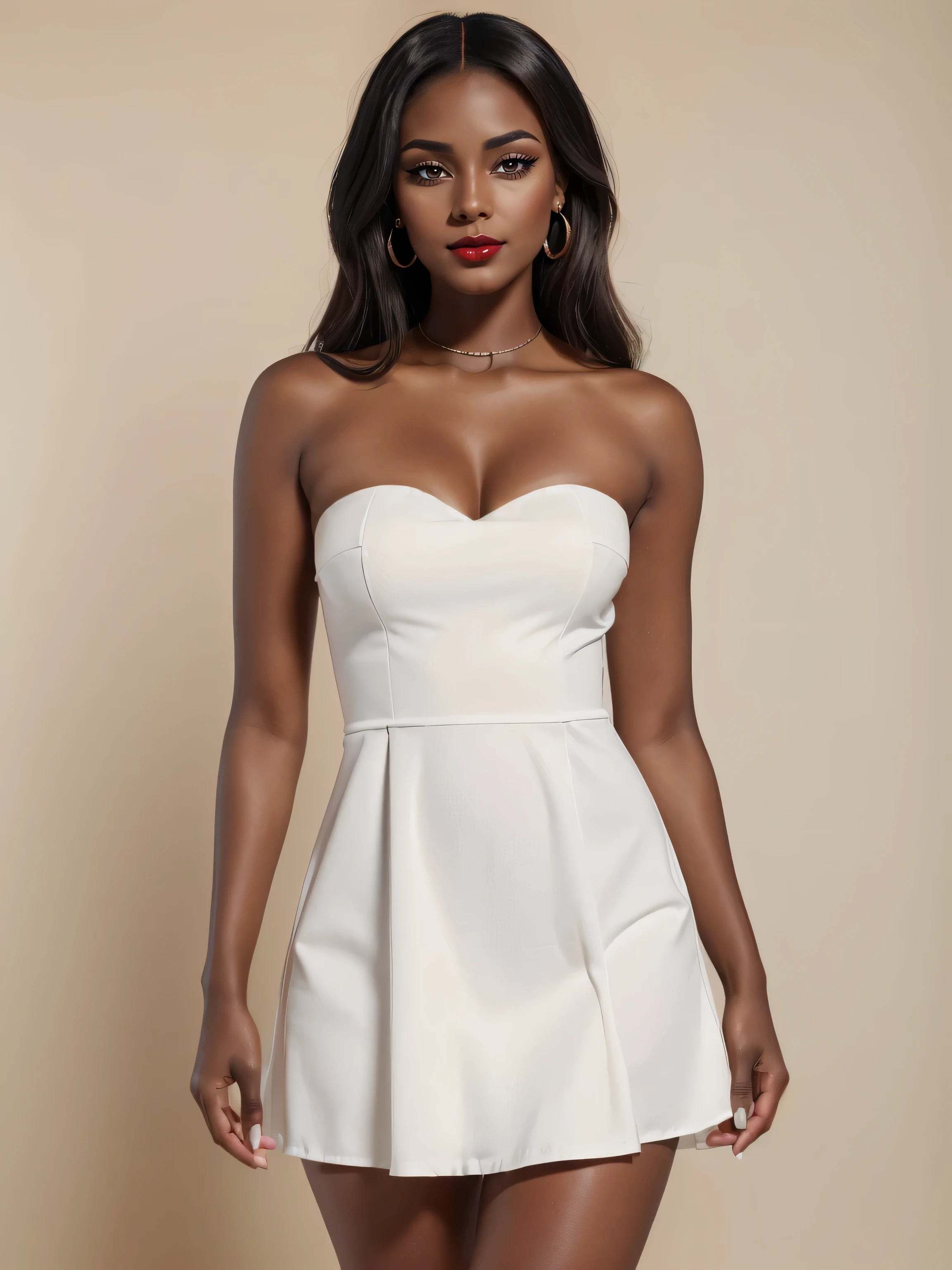 (Beautiful+attractive+cute) Somali_woman, black_woman, 20_years_woman, nerd:0.8, young_facial_feautures, long_hair straight_hair black_hair:1.5, almond_eyes:1 large_eyes:0.5 brown_eyes:1.5, (brown_skin:1.8 black_skin:1.8 dark_skin:1.8), straight_nose delicate_nose, _gorgeous_woman, feminine_cheeks big_cheeks:0.7, attractive_red_lips:0.9, red_lipstick:1, _woman (1Woman:1.5, (Masterpiece, 8K, best quality, highres:1.5), upper_body:1.5, looking_at_viewer:1.5, body_looking_at_viewer:1.5, white_photoshoot:1, white_room:1, white_backdrop:1.5, standing, neutral_body_posture:1.5, neutral_facial_expression:1.5, wearing white_strapless_mini_dress), short_woman:1, small_woman:1