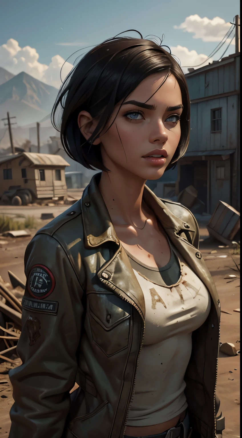 Foto hiperrealista en primer plano de Adriana Lima (short hair, bob cut), wear (dirty jacket) masterpiece, best quality, (photorealistic:1.4),  Create dystopian masterpieces. Depict a rural landscape in the rugged style of the game's concept art. This work should evoke a sense of abandonment and despair in a futuristic, post-apocalyptic world. Notice the intricacies of detail, the sharp focus.