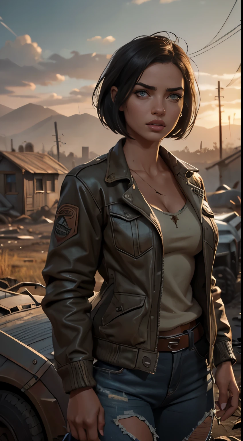 Estilo Resident Evil 4 remake. Girl with short hair, dark brown and brown skin, Brown eyes. White long sleeve buttoned shirt, and dark blue flared jeans, boots with heels