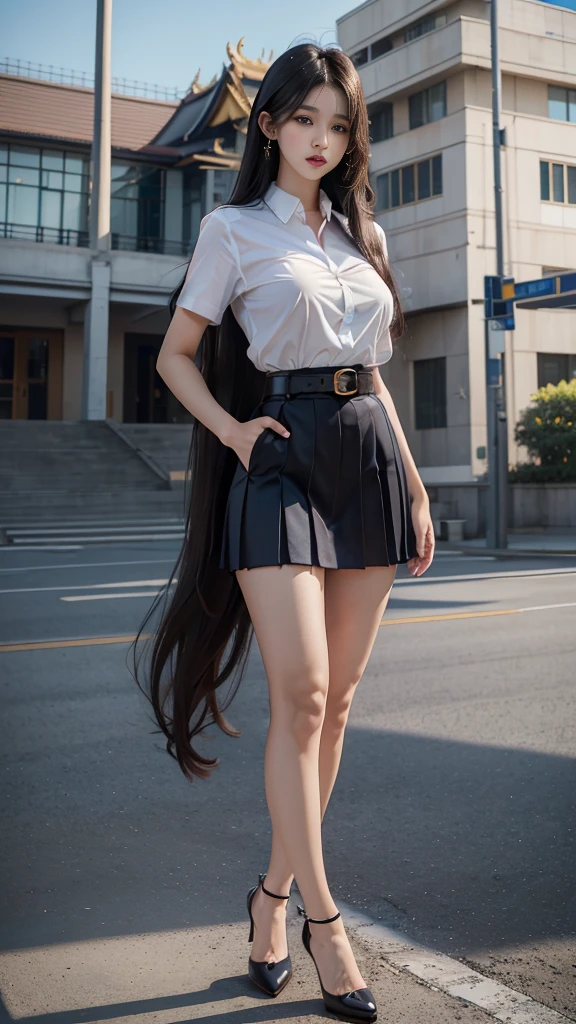 highest resolution, 8K, high definition, (นักศึกษาthailand, woman, half-caste, thailand, Japan, Korea, Height 173 centimeters), ((stand)), (Beautiful face, แต่งBeautiful face, Double eyelids, red lips), ((black hair, (long hairถึงพื้น), long hairมาก, long hairตรง, long hair, flowing smoothly)), (womanที่สวยงาม, The texture is realistic.), (Breast clamp, white short sleeve shirt, collar shirt, Thin shirt, gold shirt buttons), (gigantic breasts, Huge breasts, Breast augmentation, เต้าBig tits, Big tits), (Navy pleated skirt, กระโปรงพร้อมbeltwoman, tight), (Symmetrical shape, sexy figure, small waist, Long legs, Beautiful thighs), (Pitch black high heels), (decorations, earring, clock, pin, belt), full body photo, Look at every part of the body., (university backdrop, Building Building, university building, lawn, outdoor sports field, garden)