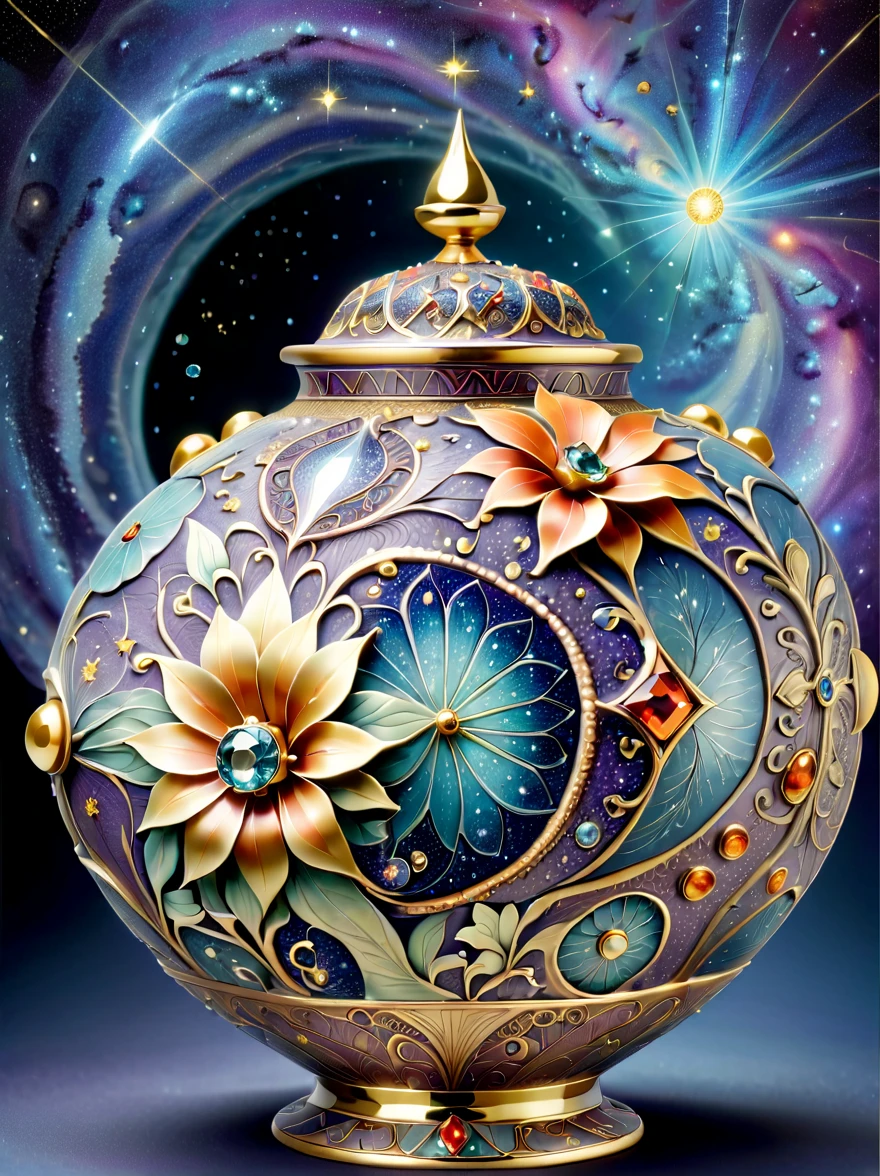 Create an image of an ornate ceramic vessel that embodies the utmost beauty of the decorative arts style. The vessel should have an elegant and smooth shape, reminiscent of a blooming flower. Its surface should be adorned with intricate patterns and textures based on bold colors and contrasts, comprising complex geometric shapes and organic curves. These patterns should include mysterious symbols and emblems, suggesting ancient and profound meanings, depicted with a metallic texture as if made from stars and gems of the galaxy, radiating enchanting light. The surface of the vessel is also embellished with tiny, exquisite jewel-like decorations made of gems, glass, and pearls, scattered like stars across the night sky. At the center of the vessel, there should be a large, sparkling crystal, surrounded by delicate and beautiful floral and plant patterns, symbolizing wisdom, magic, and purity. This ceramic vessel is a fusion of intricate patterns, magnificent colors, and luxurious decorations, creating a myste