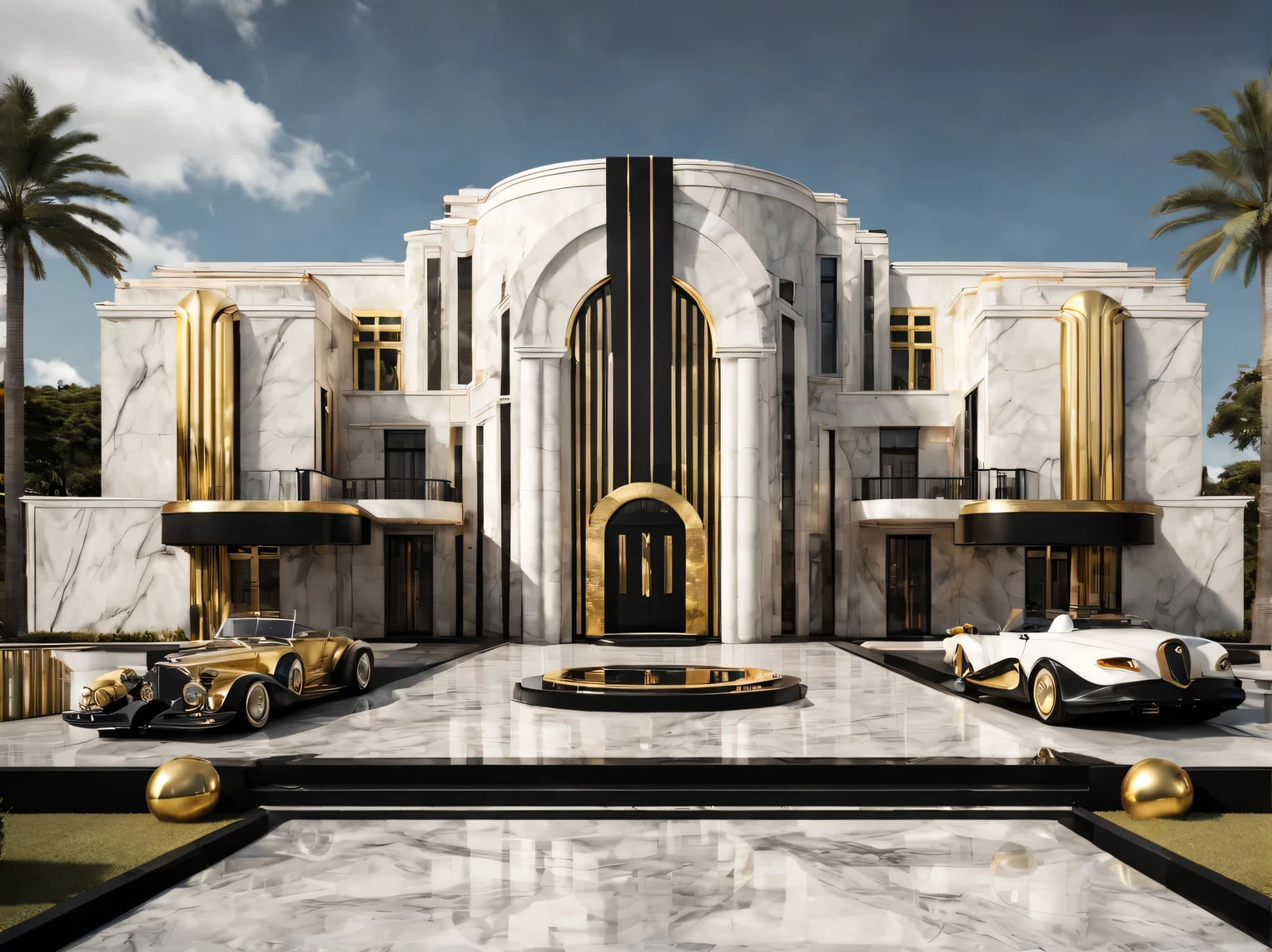 Art Deco house., the architecture of the estate combines strict regularity and bold geometric lines, decor in halftones, modern expensive materials combine marble with ebony and gilded elements, strictly consistent with Art Deco style., Artistic photography, RAW, high detail, Hyperrealism