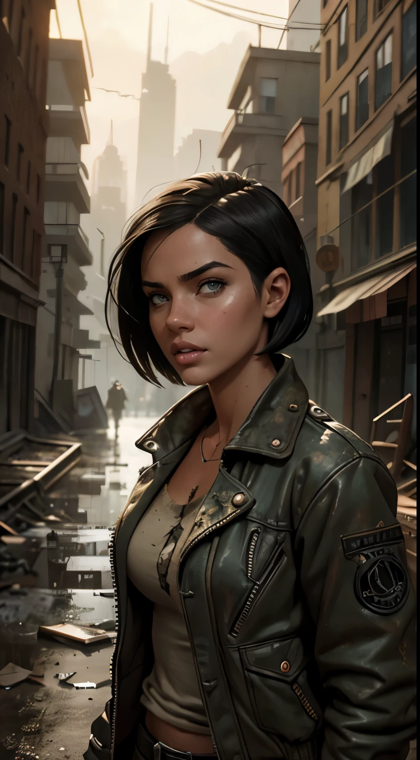 Foto hiperrealista en primer plano de Adriana Lima (short hair, bob cut), wear (dirty jacket) , masterpiece, best quality, (photorealistic:1.4), Create dystopian masterpieces. Depict the cityscape in the gritty style of the game's concept art. This work should evoke a sense of abandonment and despair in a futuristic, post-apocalyptic world. Notice the intricacies of detail, the sharp focus.