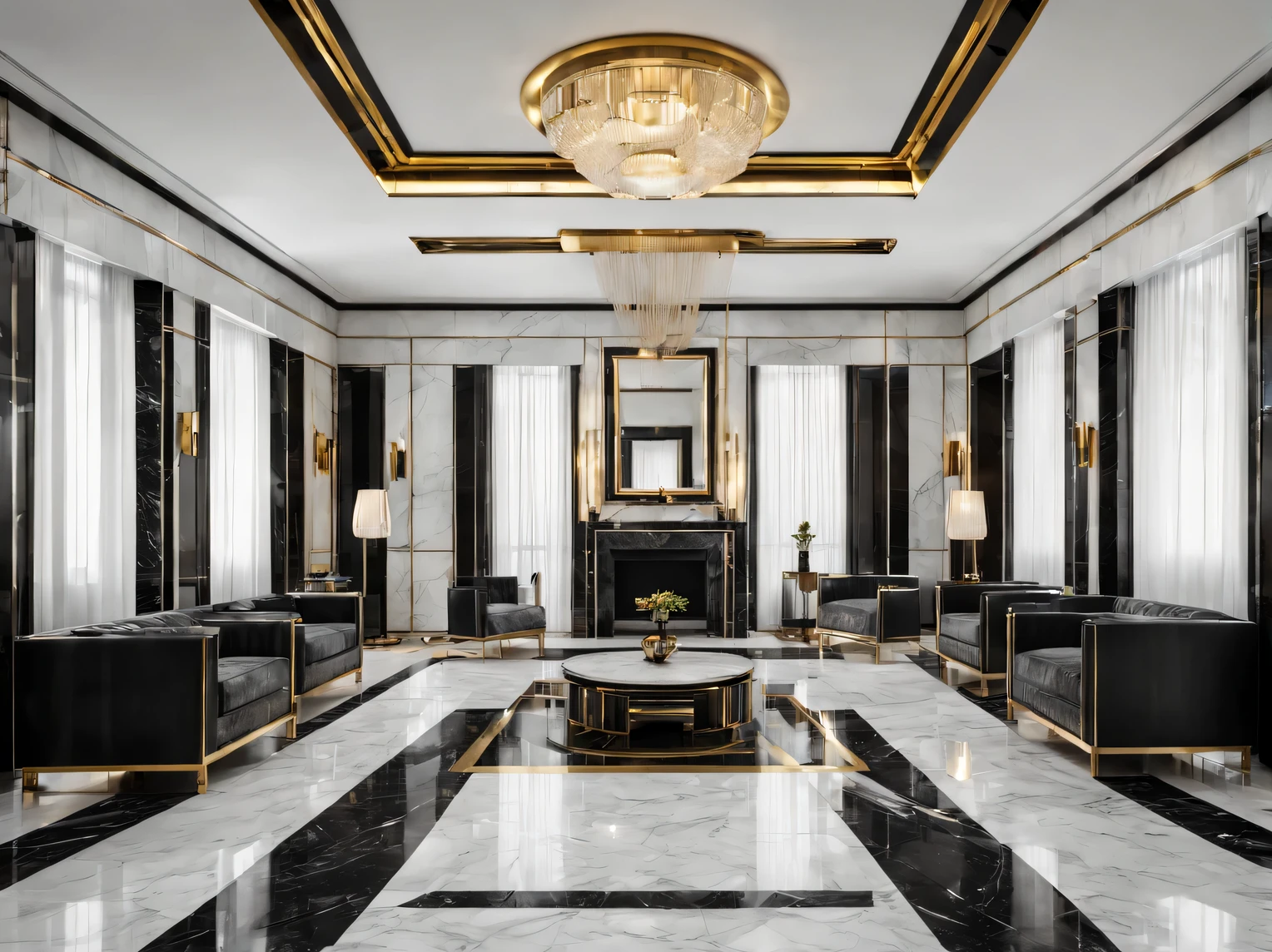 Large living room decorated in art deco style., metal partitions separate different areas of the living room, metal ventilation grilles in the walls elegantly combine with the decoration and decoration of the living room in the art deco style, the rigor and luxury of Art Deco style, Artistic photography, Maximum realism, high detail