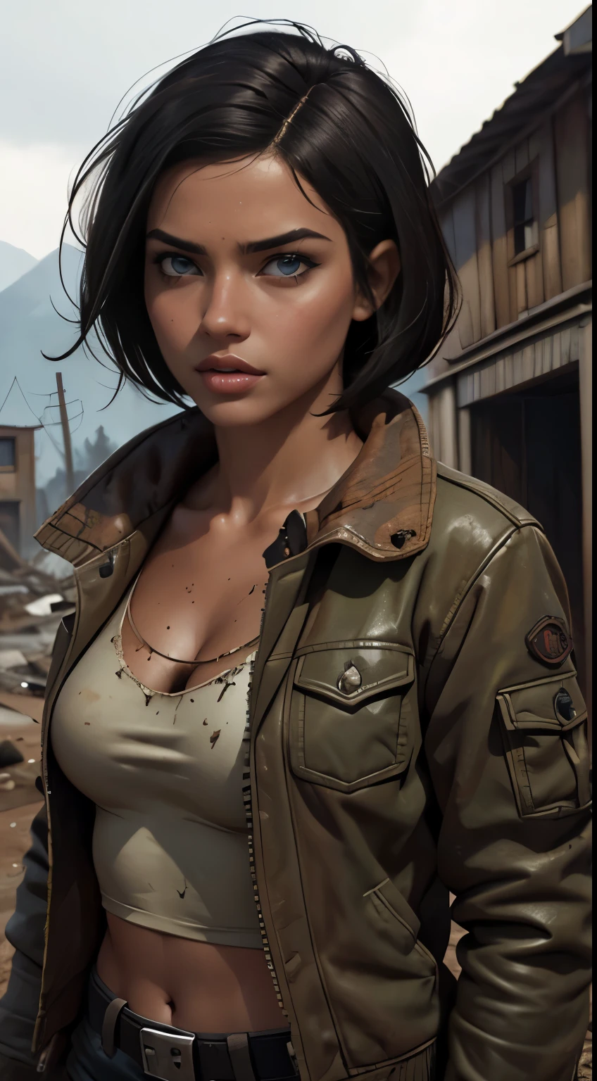 Foto hiperrealista en primer plano de Adriana Lima (short hair, bob cut), wear (dirty jacket) masterpiece, best quality, (photorealistic:1.4),  Create dystopian masterpieces. Depict a rural landscape in the rugged style of the game's concept art. This work should evoke a sense of abandonment and despair in a futuristic, post-apocalyptic world. Notice the intricacies of detail, the sharp focus.