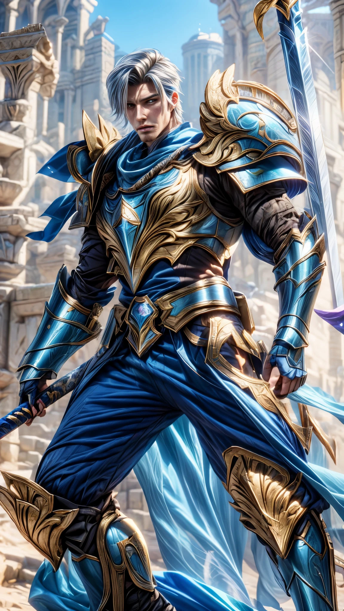 a close up of a man in a suit with a sword, keqing from genshin impact, ezreal (league of legends, pharah, blue and ice silver color armor, gold paladin, a human male paladin, male paladin, blue armor, epic paladin armor, extremely detailed artgerm, sylas, mobile wallpaper