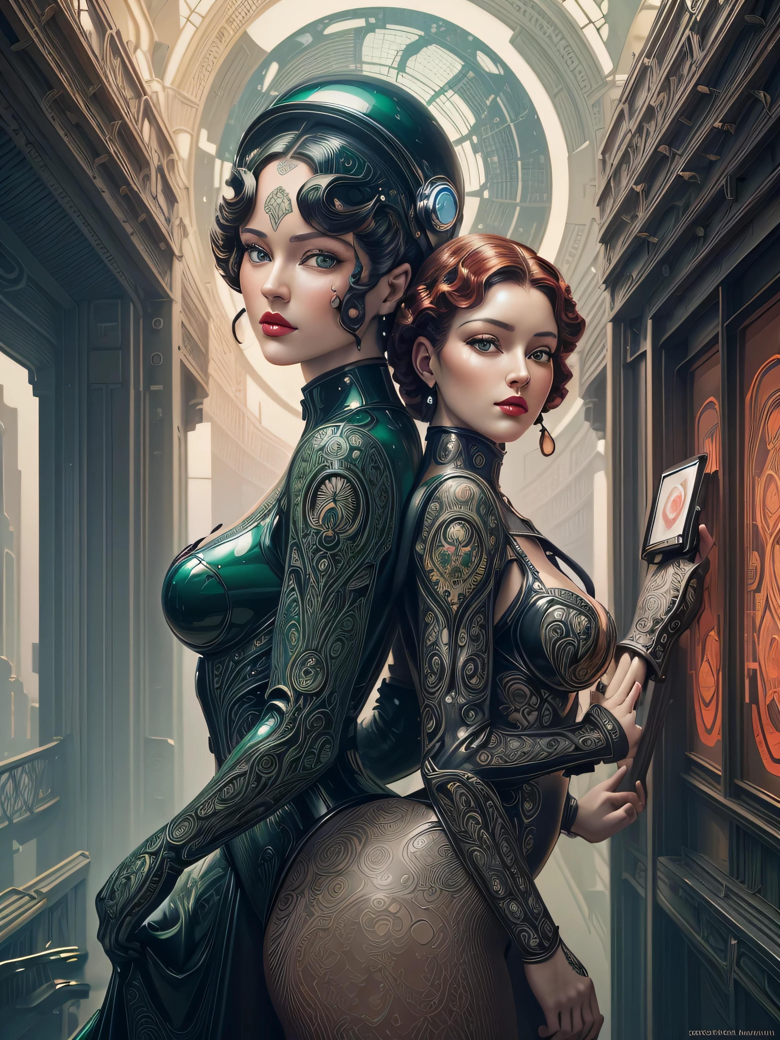 by Michael Parkes and Diego Rivera, A woman red lips green eyes (retro futurism , digital art but extremely beautiful:1.4), (intricate details, masterpiece, best quality:1.4), dramatic skies Digital art, concept art, illustrative, painterly, matte painting, highly detailed, digital art, , looking at viewer,oil paint By Ray Shark