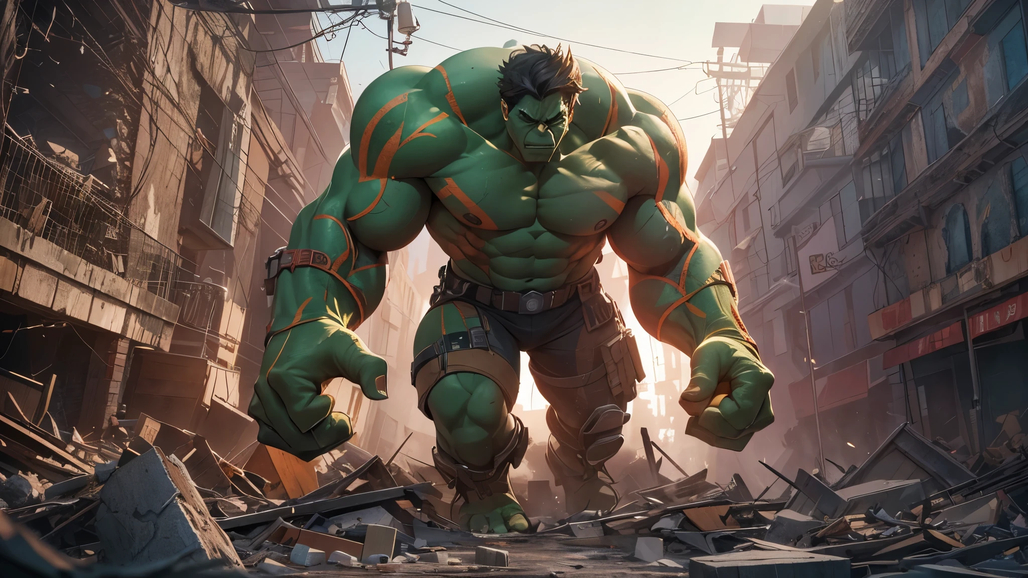 Capture the explosive moment as the incredibly hulk burst out of the rubble, the remains of a building turned to rubble by an explosion. This RAW masterpiece showcases an ultra-high resolution, photorealistic full-body portrait, illuminated by the warm glow of sunlight. The scene is rendered in the captivating style of mecha sci-fi anime, boasting an impressive 8K resolution for the best quality imagery. Crafted with Unreal Engine 1.4, this piece features ultra-realistic 64K CG, skin texture at 1.4, and volumetric fog to add depth and atmosphere. The details are further enhanced with 8K UHD, DSLR quality, film grain, and the artistic touch of lomography. The result is a stunning blend of high-quality visuals, translucent effects, and photorealism that truly captivates the viewer.