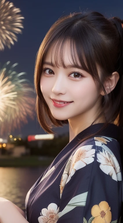 masutepiece, Best Quality, Illustration, Ultra-detailed, finely detail, hight resolution, 8K Wallpaper, Perfect dynamic composition, Beautiful detailed eyes, Yukata, Fireworks Festival, Smile Face