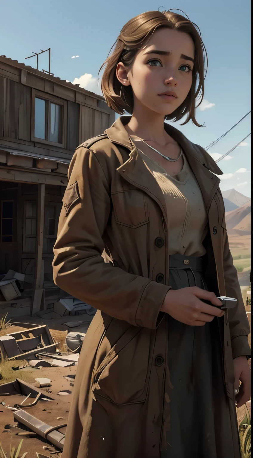 Foto hiperrealista en primer plano de Willa Fitzgerald, masterpiece, best quality, (photorealistic:1.4), Create dystopian masterpieces. Depict a rural landscape in the rugged style of the game's concept art. This work should evoke a sense of abandonment and despair in a futuristic, post-apocalyptic world. Notice the intricacies of detail, the sharp focus.