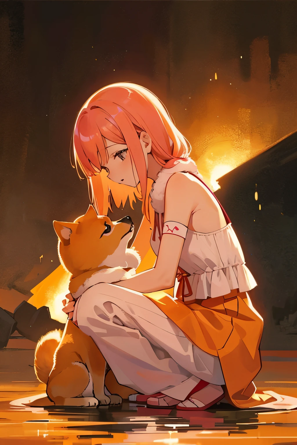 Title: Harmony in Orange: A Girl and Her Pink Shiba Inu
Aspect Ratio: 1:1
Background: An orange canvas, reminiscent of the setting sun, forms the backdrop of this heartwarming painting.
Focus: The focal point is a young girl, her vibrant pink hair cascading down her shoulders, squatting comfortably before her beloved pink Shiba Inu. Their heights align, creating an intimate and harmonious moment between human and canine.
Embrace: The girl tenderly wraps her arms around the dog's small frame, her fingers lightly touching its soft, velvety fur. The dog, in return,