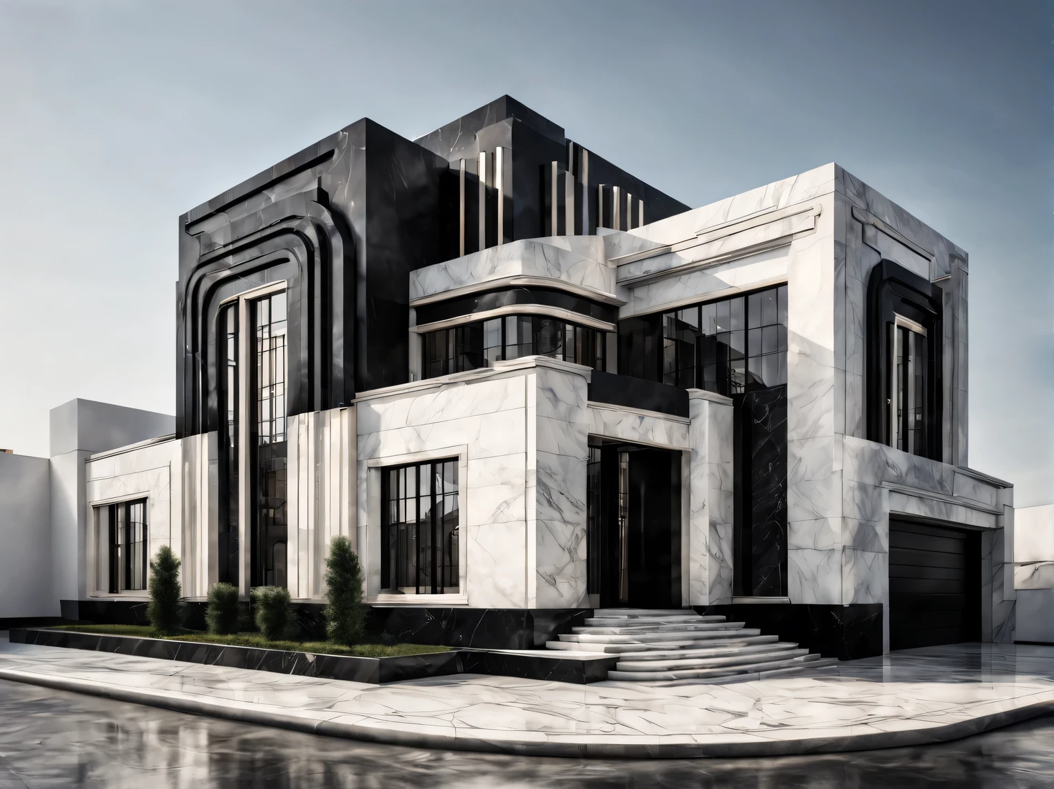 Art Deco house., the architecture of the building combines strict regularity and bold geometric lines., design in halftones, modern expensive materials combine marble with black stone, strictly in keeping with Art Deco style, Artistic photography, RAW, high detail, Hyperrealism