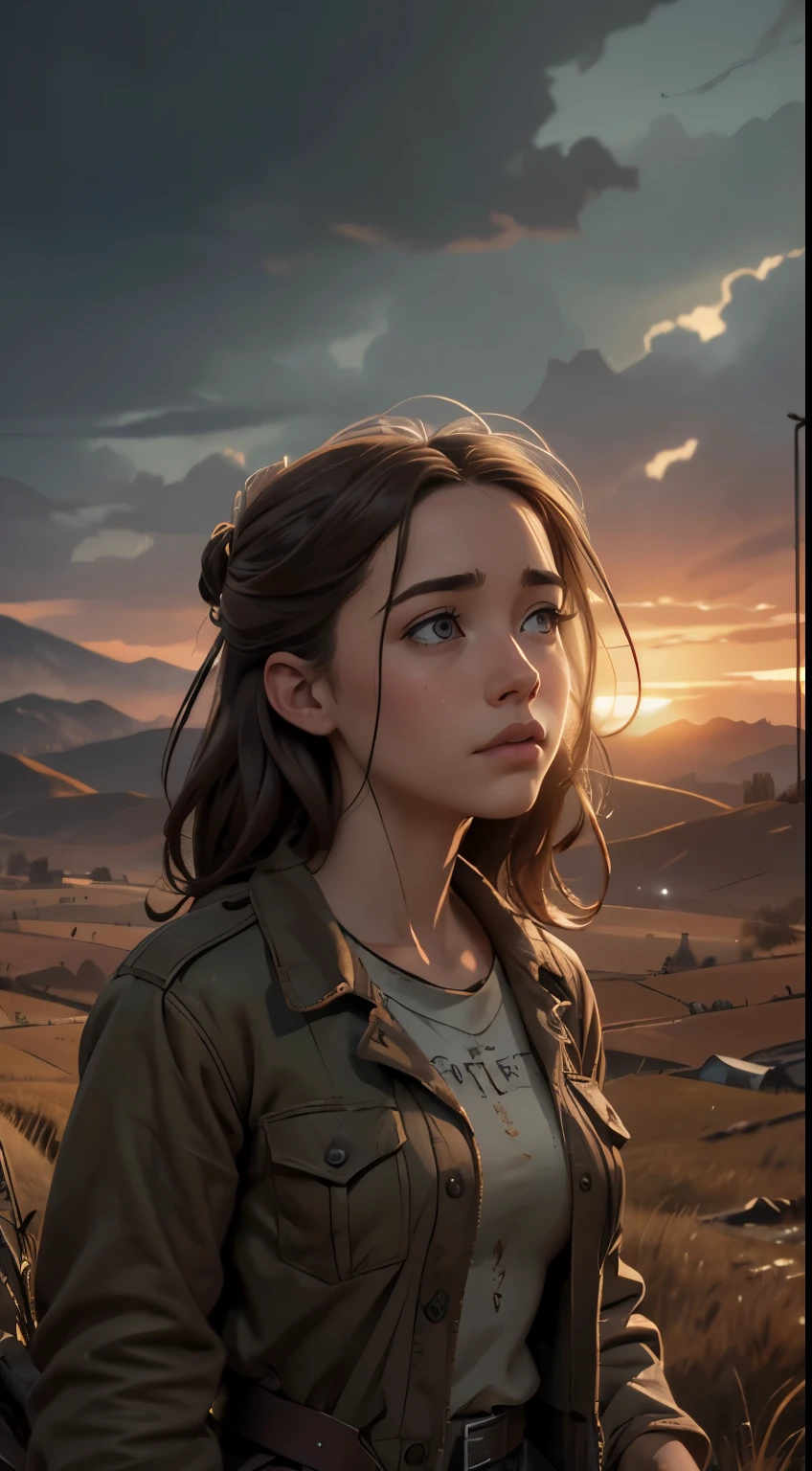 Foto hiperrealista en primer plano de Willa Fitzgerald, masterpiece, best quality, (photorealistic:1.4),  Create dystopian masterpieces. Depict a rural landscape in the rugged style of the game's concept art. This work should evoke a sense of abandonment and despair in a futuristic, post-apocalyptic world. Notice the intricacies of detail, the sharp focus.