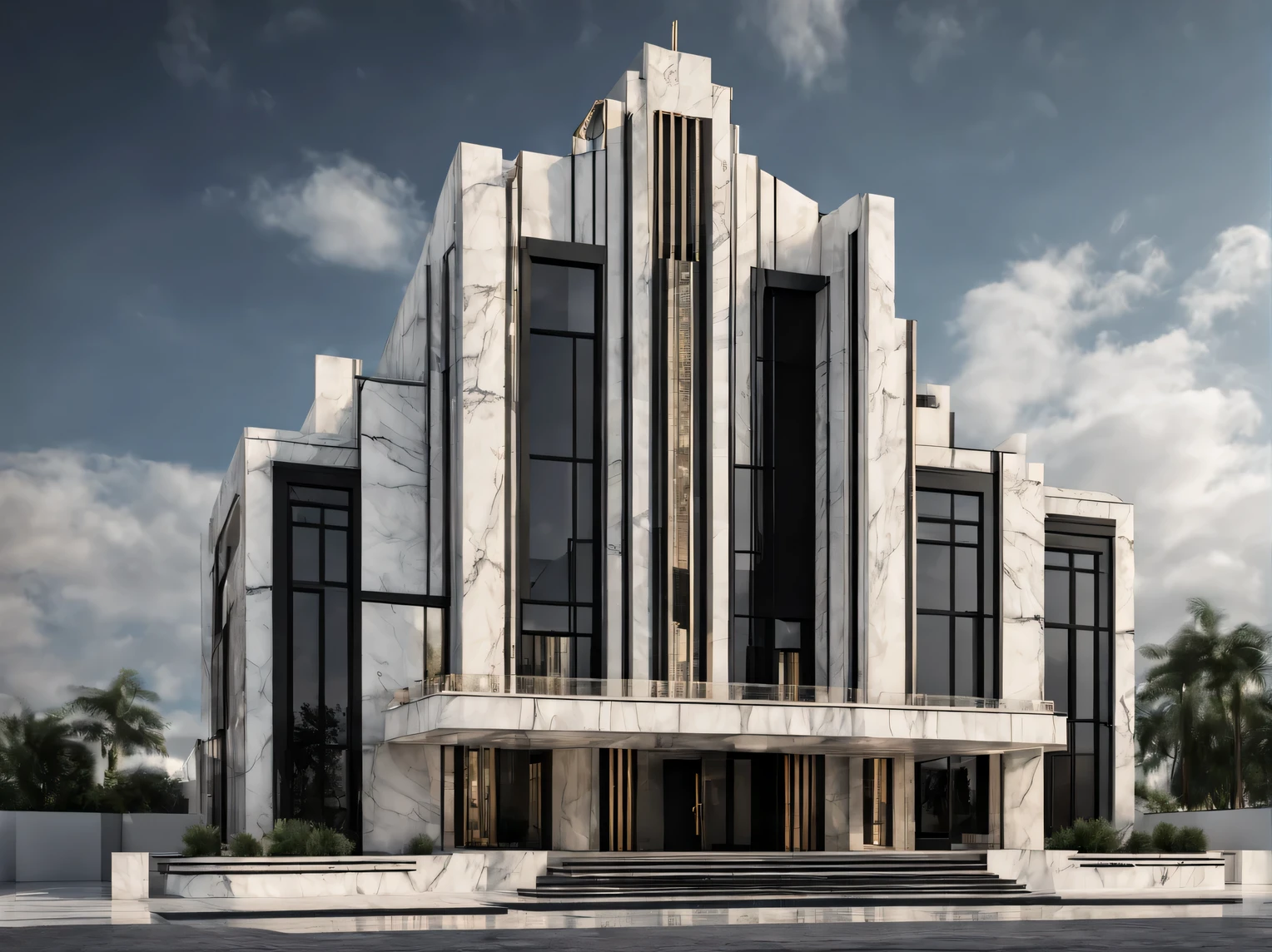 Art Deco house., the architecture of the building combines strict regularity and bold geometric lines., design in halftones, modern expensive materials combine marble with black stone, strictly in keeping with Art Deco style, Artistic photography, RAW, high detail, Hyperrealism