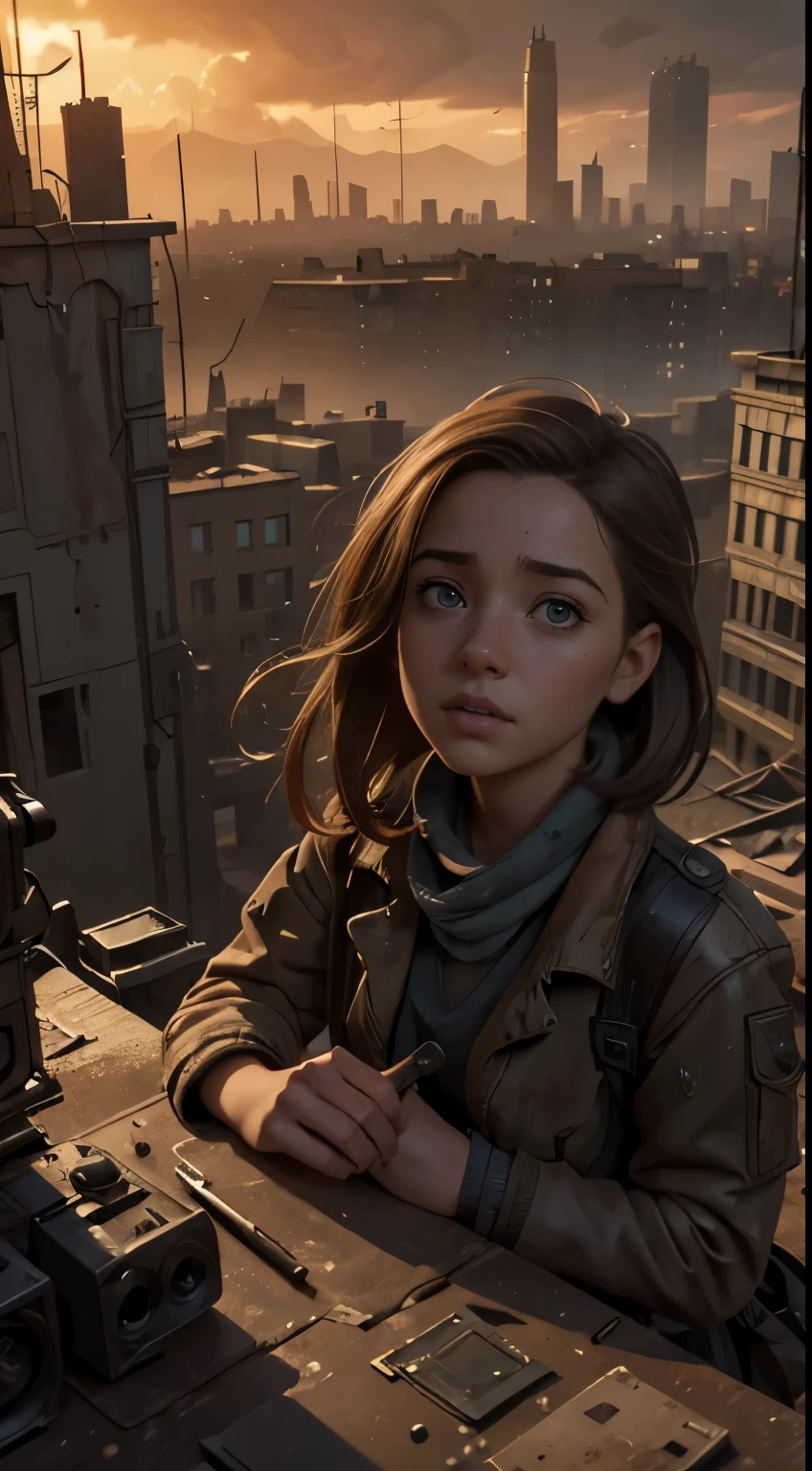 Foto hiperrealista en primer plano de Willa Fitzgerald, masterpiece, best quality, (photorealistic:1.4), Create dystopian masterpieces. Depict the cityscape in the gritty style of the game's concept art. This work should evoke a sense of abandonment and despair in a futuristic, post-apocalyptic world. Notice the intricacies of detail, the sharp focus.