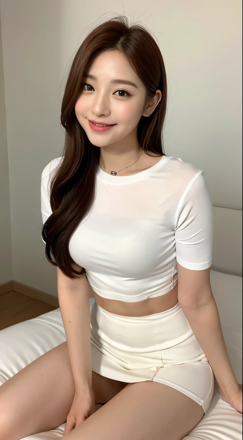 White tight shirt、White tight mini skirt、bed、smile、short sleeve、high resolution、Hallyu Idol Face