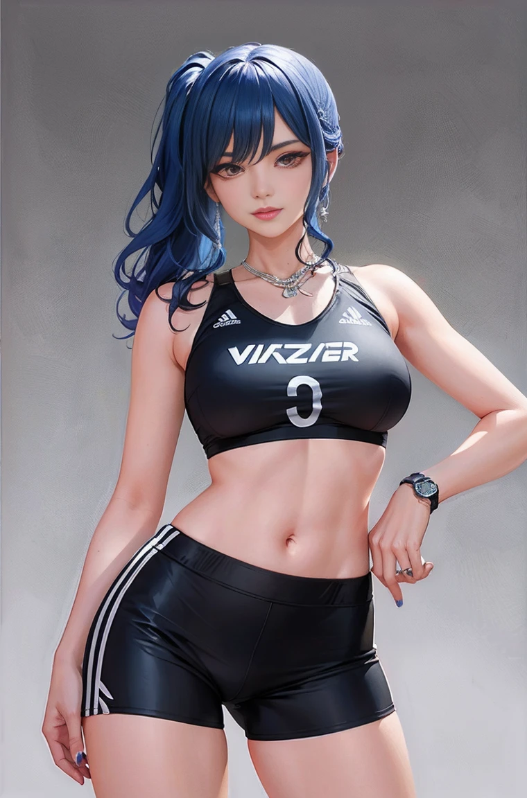 Realistic、 female volleyball player、Waves of short black hair、Super Fit Volleyball Wear、Wearing volleyball shorts、My breasts have grown、Sexy、smile、バレーボールコートでのSexyポーズ