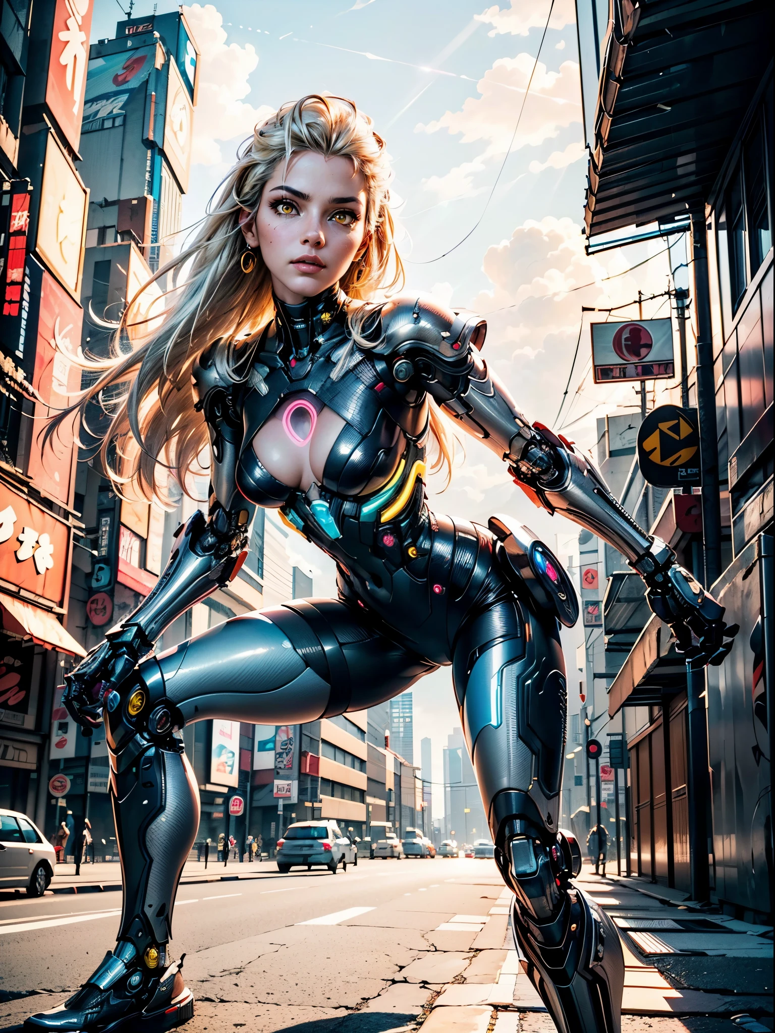 full body, portrait, dynamic camera, dynamic poses, masterpiece, (((cyberpunk))), futuristic, concept art, (ultra realistic:1.5), octane render, global illumination, shadows, octane render, 8k, ultra sharp,metal,intricate,highly intricate details, realistic light, trending on cgsociety, 
glowing eyes, facing camera,  1 girl, female assassin with ((long flowing platinum blonde hair)), extremely beautiful, (((perfect face))),  (((extremely detailed face))), ((yellow eyes:1.2)), (glowing eyes:0.2), highly detailed eyes, (((perfect hands))), (36DD breasts), 8k, (masterpiece 1.4), HDR,, vibrant colours, (light rays), shadows,, concept art, highest quality, highly detailed, realistic, photo realistic,((hyper realistic:1.1)), (all black cyberpunk samurai armor), long flowing scarf, extensive neon lighting, holding cyber glowing katana blade, highly detailed sword,  electricity (extremely detailed mechanical armour), cybernetic implants, (((extremely detailed cybernetic arms and legs))), various cybernetic lights, intense neon lighting on arms, intricate gauntlet mechanical detail, extremely detailed background, neo tokyo,
art by Sail Lin,,, 1 girl, female assassin with ((long flowing platinum blonde hair)), extremely beautiful, (((perfect face))),  (((extremely detailed face))), ((yellow eyes:1.2)), (glowing eyes:0.2), highly detailed eyes, (((perfect hands))), (36DD breasts), 8k, (masterpiece 1.4), HDR,, vibrant colours, (light rays), shadows,, concept art, highest quality, highly detailed, realistic, photo realistic,((hyper realistic:1.1)),