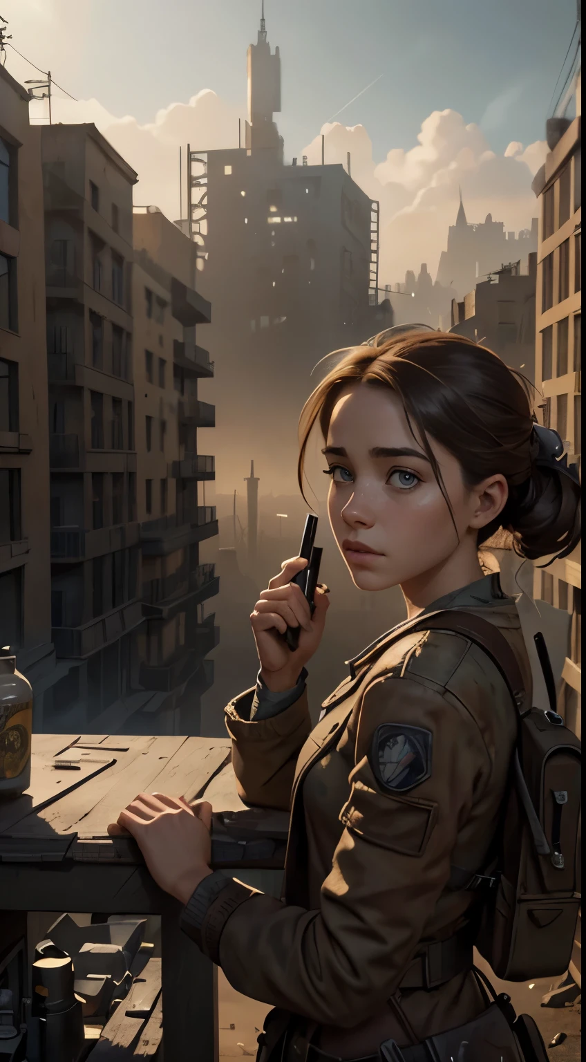 Foto hiperrealista en primer plano de Willa Fitzgerald, masterpiece, best quality, (photorealistic:1.4), Create dystopian masterpieces. Depict the cityscape in the gritty style of the game's concept art.  post-apocalyptic world. Notice the intricacies of detail, the sharp focus.