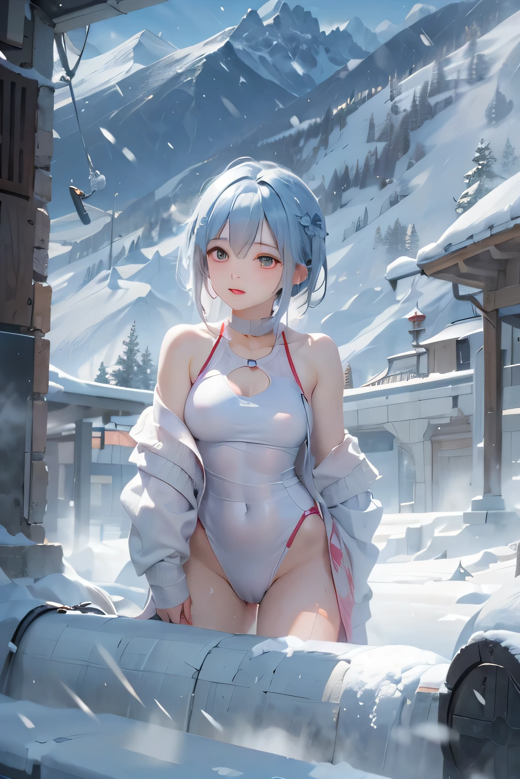 (photorealistic:1.3, highest quality:1.3,8Kmasterpiece, masterpiece:1.3,High resolution,muste piece:1.2),23 year old woman,(white leotard:1.3,choker), Clean wet skin, (looking at the camera:1.2),(Photo seen from below:1.3), (short hair:1.2,wet light blue hair:1.5,blue eyes),(smile:1.2),(full of sweat:1.3),(Bold pose with legs spread,dynamic pose:1.2),open-air bath,steam,vapor,background(snow scene,snow mountain:1.3, sunrise:1.3),(Wet clothes stuck to my skin:1.4),(Nipples visible through clothing),(genitals visible through clothing),(Butt visible through clothes),(slender, abs:1.2),(young skinny gravure idol, sophisticated gravure idol),(detailed perfect face),normal hands:1.5,normal finger:1:5,normal feet:1.5,(cameltoe)