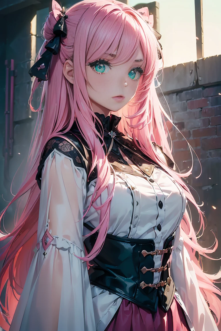 ((1 girl)), latest trend clothing, cowboy shot,((super detailed,highest quality, High resolution, 8k wallpaper, beautiful clothes,)),((pink hair, long hair,straight hair,two side up)) (green eyes),eye shadow, eyeliner,glow eye, highly detailed eyes, complicated eyes, beautiful eyes, ((shining pink eyes))18 year old girl.