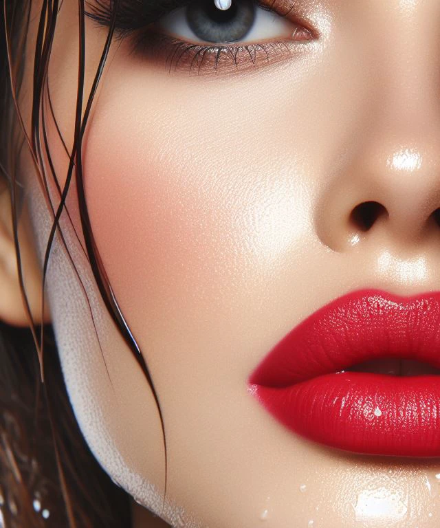 there is a close up of a woman with Red lipstick, detailed face with Red lips, wet lips, Red lips, focus on pursed lips, Red lipstick on face, Glossy lips, sexy Red lips, thick Red lips, luscious Red lips, light-Red lips, full Glossy lips, sensual lips :5 elegante, beautiful lips, big Red lips, sensual lips
