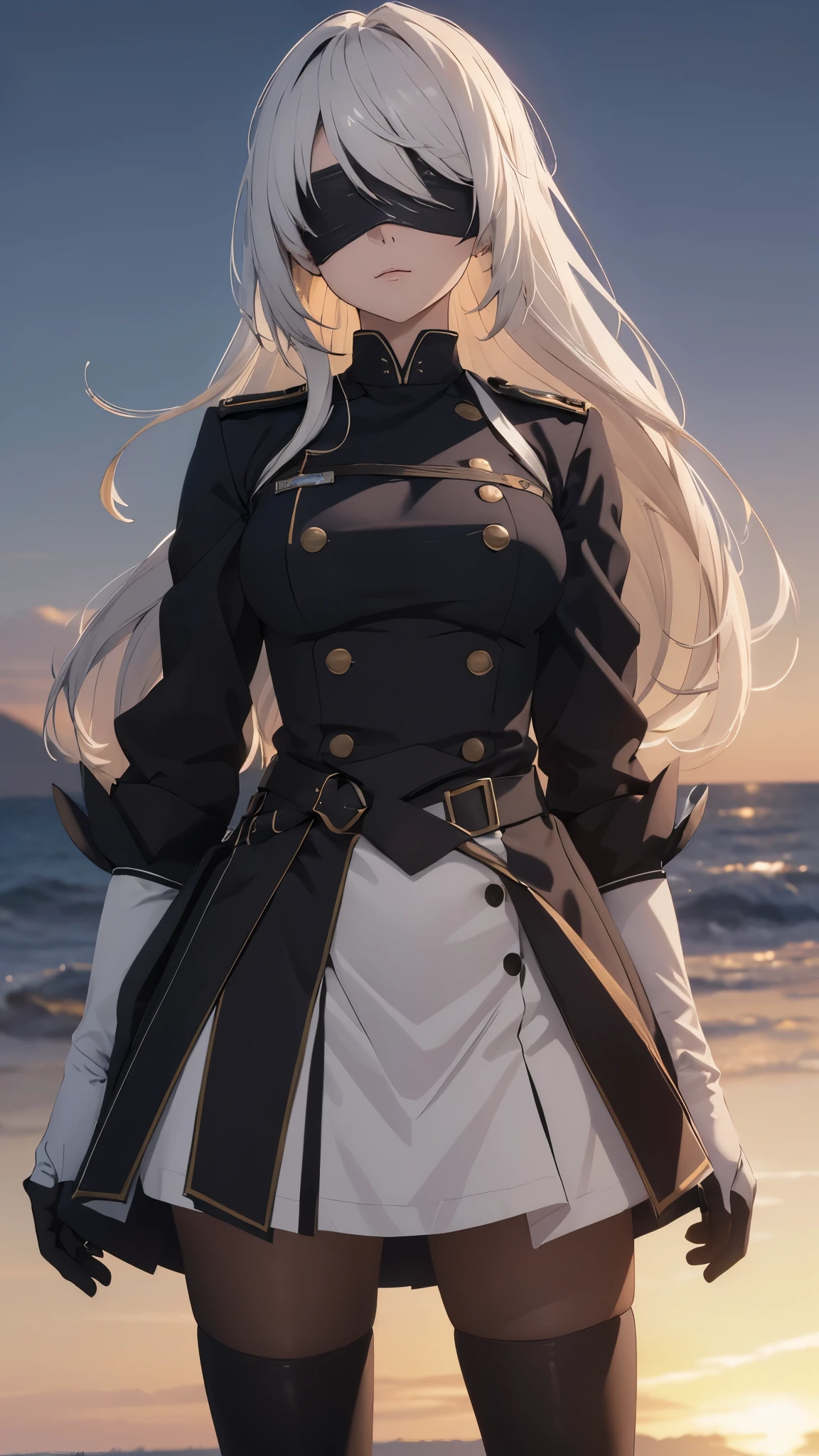 The Perfect Girl, perfect details, Ultra HD |, 8K, Professional photo(extremely detailed CG unity 8k wallpaper), (masterpiece), (best quality), (ultra-detailed), (best illustration), (best shadow), (absurdres), 2b, 1girl, long hair, normal size , white hair, blindfold solo, Intimidating women, admiral uniform, night, hero pose, white clothes, General Uniform, Military Uniform, Dawn, exposed to sunlight, commander, black clothes, sunkissed, sunset background