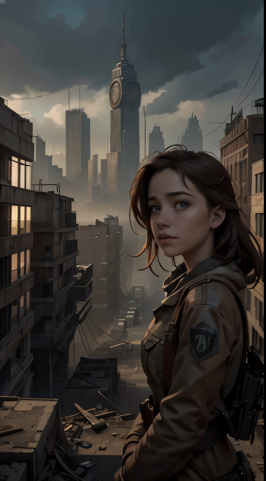 Foto hiperrealista en primer plano de Willa Fitzgerald, masterpiece, best quality, (photorealistic:1.4), Create dystopian masterpieces. Depict the cityscape in the gritty style of the game's concept art. This work should evoke a sense of abandonment and despair in a futuristic, post-apocalyptic world. Notice the intricacies of detail, the sharp focus.