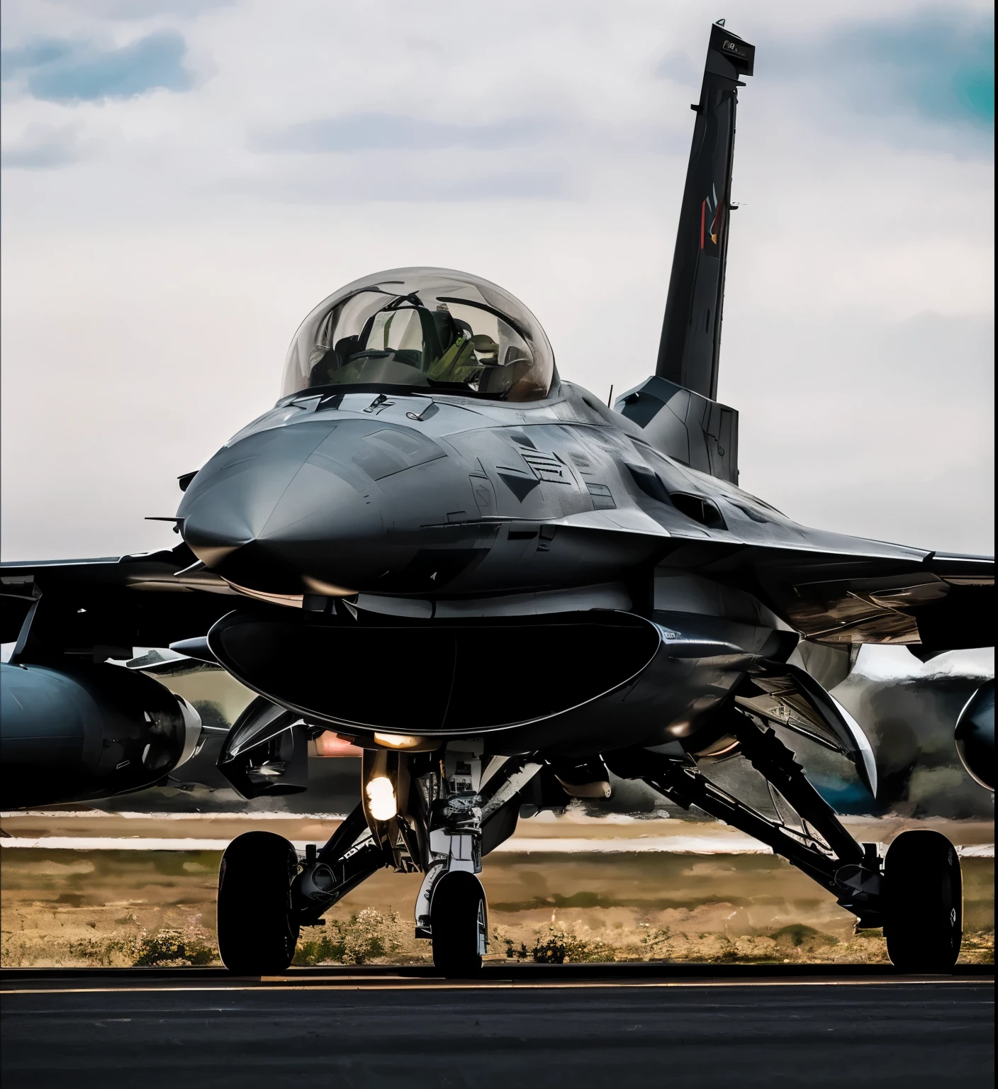 there is a jet that is sitting on the runway, fighter jet, fighter jets, f16, f 1 6, jet fighter, jet fighter background, jet fighters, us airforce, military photography, low view, frontshot, ready for combat, middle close up shot, front view dramatic, in the cockpit of a fighter jet, f/16