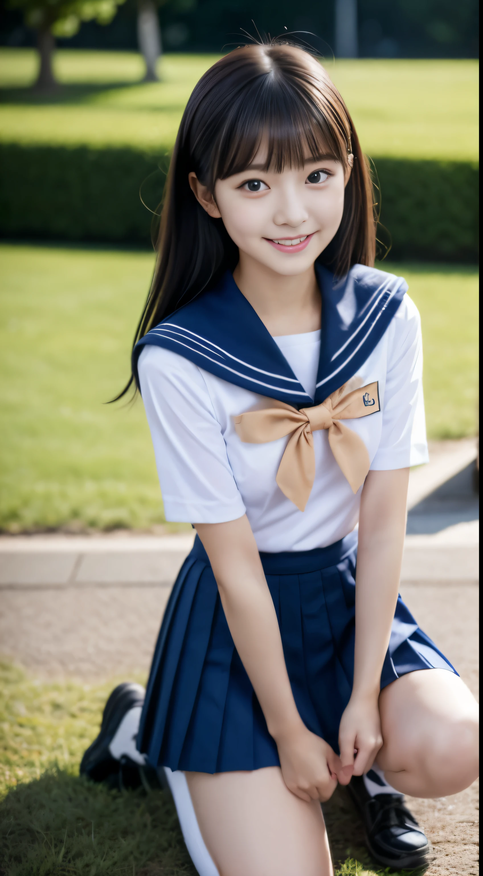 Close up of woman posing for photo,  japanese model model, 16-year-old female model,  4K、bangss、A dark-haired、bobhair、Middle hair、Straight hair、(white  shirt, Sailor School Uniform, Dark blue pleated skirt:1.2),　(Super cute face in idol style:1.2)、school classrooms、slim and beautiful figure、beutiful breast、A smile、full bodyesbian、The background is an empty park、Beautiful legs、sexy  pose、white sock、White sneakers、